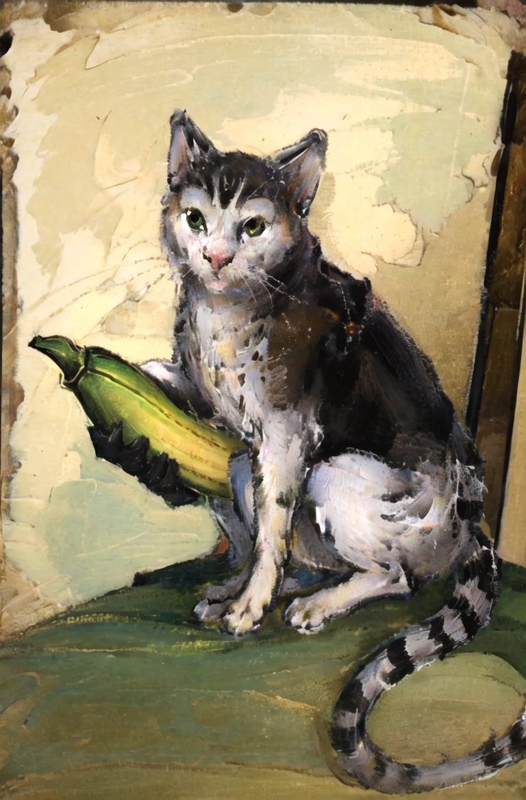 masterpiece, best quality, Medievalcat,solo, <lora:Medievalcat:0.9>,medieval, painting,sketch,scrawl,banana,rocket launcher, 