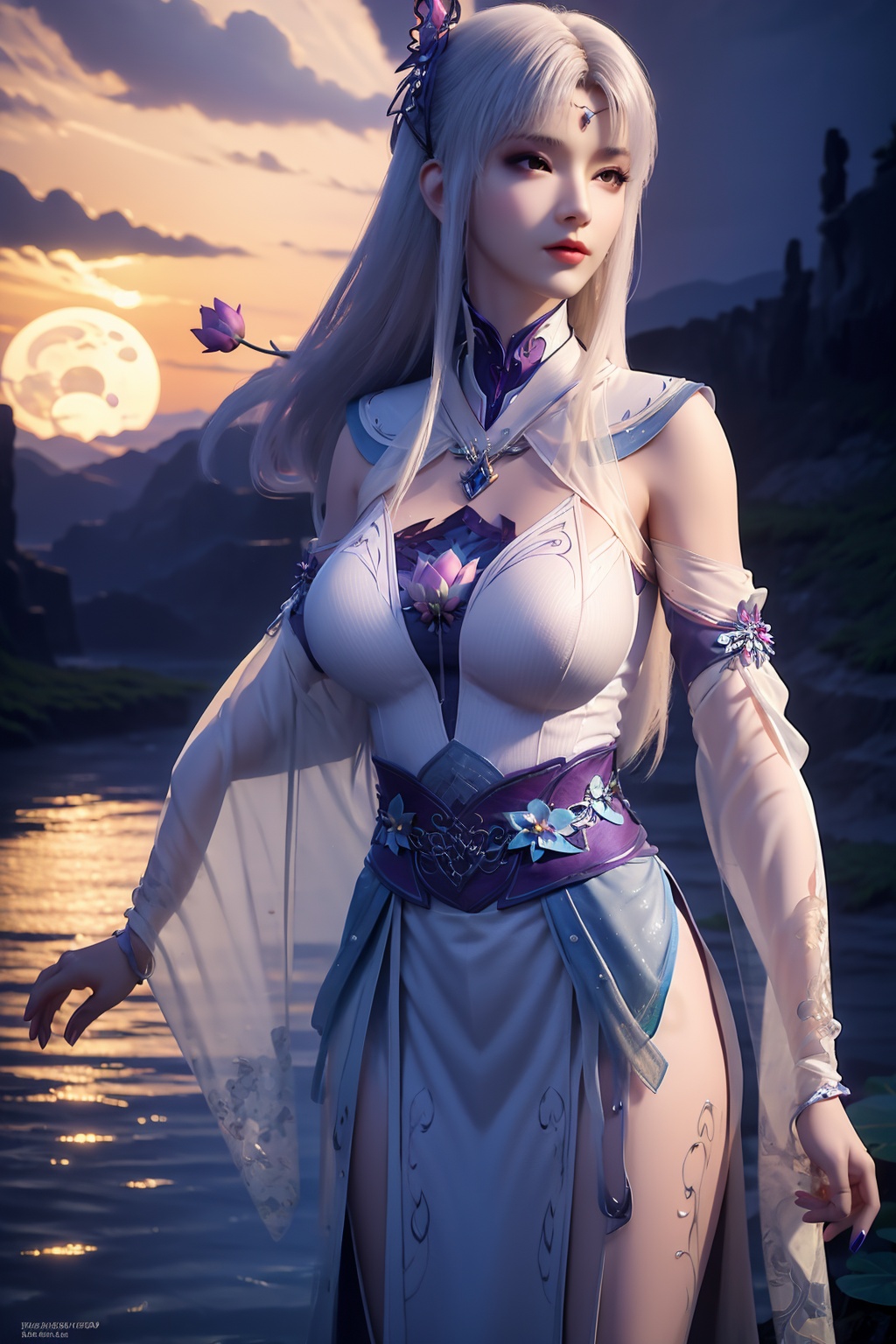 standing,dress,chinese clothes,flower,full_moon,moon,night,lily_pad,lotus,moonlight,water,night_sky,lily_\(flower\),sky,partially_submerged,1girl,solo,hair ornament,realistic,nail polish,photo_\(medium\),(big breasts, cleavage),makeup,(8k, RAW photo, best quality, masterpiece:1.2),(realistic, photorealistic:1.3),ultra-detailed,extremely detailed cg 8k wallpaper,(crystalstexture skin:1.2),extremely delicate and beautiful,(sexy pose:1.2),chinese dress,white hair