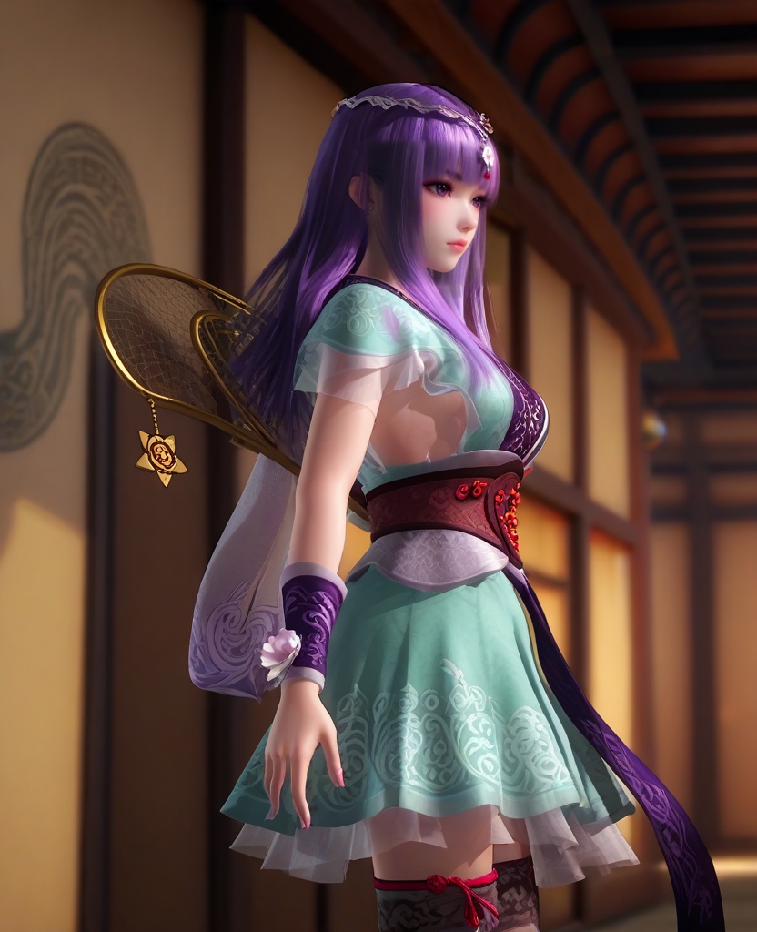 (oriental architecture, elegant decor, sophisticated style:1.1),(shushing:1.1),(breasts:1.2),<lora:XL16秦时明月少司命:0.95>,priestess of birth,short dress,veil,purple eyes,purple hair,long hair,hime cut,hair ornament,back-crossing sash,thighhighs,wristband,bell,, score_9,score_8_up,score_7_up,score_6_up,score_5_up,score_4_up,3d rendering,tag1,tag2, Cinematic Lighting,backlighting,