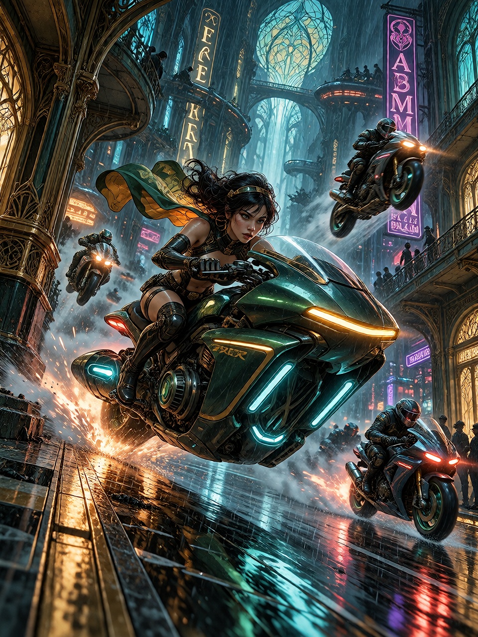 A fearless cyberpunk woman riding a streamlined emerald-green hoverbike at breakneck speed through a rain-soaked futuristi...