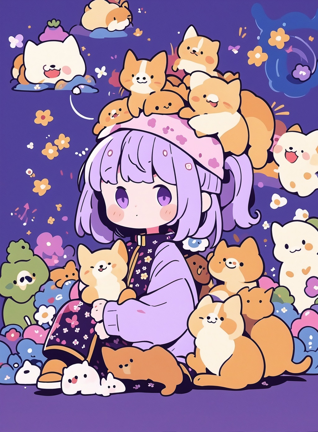 <lora:zgmaomao-000006:0.8>,1girl,zgmaomao,dog,solo,floral print,pink hair,hat,cat_on_head,sit,purple_jacket,long hair,kabutops,