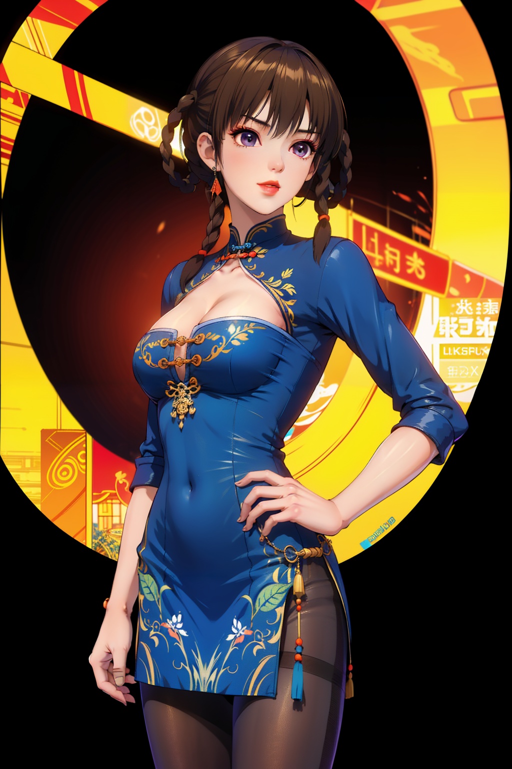 1girl,(solo:1.1),((masterpiece,high quality,best quality,8k,wallpaper,fine lineart,highly detailed,absurdres)),model,thin,cheongsam,china_dress,(pantyhose:1.1),large breasts,Bustling city,standing,hands on hips,front view,(dutch angle:1.1),(fisheye:1.2),cowboy shot,pretty hands,perfect hands,leifang,Best quality,masterpiece,ultra high res,<lora:leifang2rface-000005:0.7>,purple eyes,