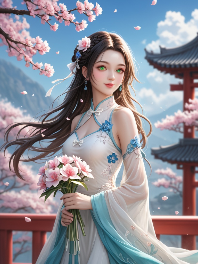 1girl,black_hair,blue_sky,blurry,blurry_background,branch,cherry_blossoms,chinese_clothes,day,depth_of_field,flower,hanami,hanfu,lips,long_hair,full body,hanfu,flower,green eyes,,blonde hair,braid,dress,white dress,ahoge,hair intakes,ribbon,closed mouth,white flower,realistic,lips,french braid,from side,sidelocks,white bow,hair bow,bow,white ribbon,shoulders,blue flower,bouquet,braid,breasts,camellia,daisy,dandelion,floral background,flower,flower \(symbol\),flower bracelet,flower,outdoors,petals,pink_flower,pink_theme,plum_blossoms,realistic,smile,solo,spring_\(season\),standing,tree,wide_sleeves,, masterpiece, best quality,