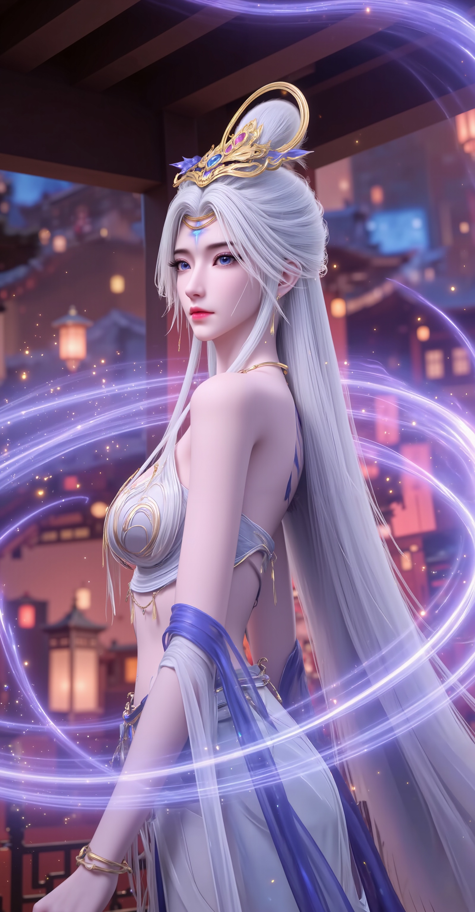 <lora:莫仙·10:1.1>,moxian,1girl,solo,long hair,blue eyes,hair ornament,white hair,jewelry,tattoo,blue tattoo,(cowboy_shot:1.1),crop_top,skirt,navel,tattoo,blue tattoo,1girl,architecture,long hair,hair ornament,dress,east asian architecture,white hair,solo,building,white dress,bare shoulders,lantern,night,detached sleeves,10,<lora:DJ滤镜_2.5D版:0.3>,lvjing,<lora:绚丽多彩·10:0.4>,guoman,close-up details,outstanding style,adding a touch of dimension to your images without compromising details,whirls of vapor,iridescent textures,(Anime:1.1),ethereal ambiance,delicate details,magical high-concept,32K UHD,sharp focus,best-quality,masterpiece,golden hour,unconventional supreme masterpiece,masterful details,temperate atmosphere,with a high-end texture,in the style of fashion photography,photography,cover,dynamic angle,dynamic posture,extreme aesthetic,masterpiece,best quality,good quality,very aesthetic,absurdres,visual impact,a shot with tension,ultra-high resolution,32K UHD,sharp focus,best-quality,masterpiece,emotionalization,unconventional supreme masterpiece,masterful details,temperate atmosphere,with a high-end texture,in the style of fashion photography,(visual impact:1.2),giving the poster a dynamic and visually striking appearance,impactful picture,official art,colorful,splash of color,movie perspective,masterpiece,best quality,amazing quality,very aesthetic,absurdres,best quality,newest,