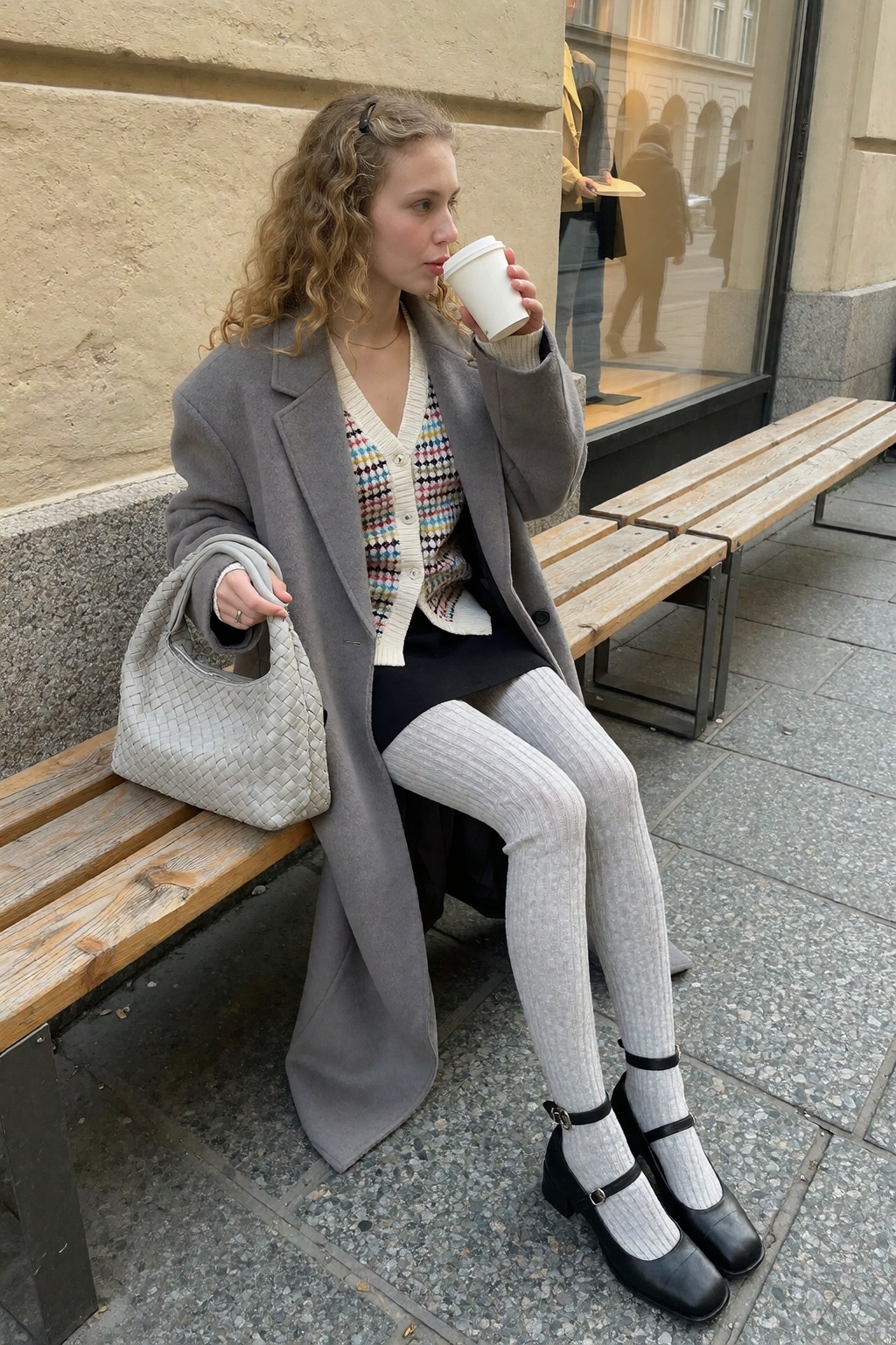一位金发卷发的年轻女性坐在城市街道旁的木质长椅上,  她身穿一件宽松的灰色长款大衣,  内搭彩色格纹针织开衫和黑色短裙 on Tensor.Art