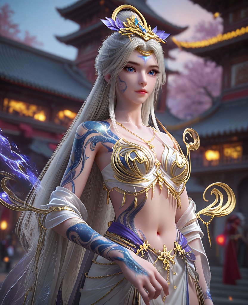 (oriental architecture, elegant decor, sophisticated style:1.1),toe-point,(breasts:1.2),<lora:XL16完美世界莫仙:0.95>,miss moxian,white filigree bra,white chiffon skirt,blue eyes,white hair,very long hair,hair ornament,traditional chinese updo with long front strands,facial mark,necklace,(blue tattoo:1.3),(full right sleeve:1.3),hagoromo,, zPDXL2, score_9, score_8_up, score_7_up BREAK realistic, masterpiece,best quality, highly detailed,, zPDXL3, zPDXL2,zPDXL, zPDXLxxx, zPDXLrl,