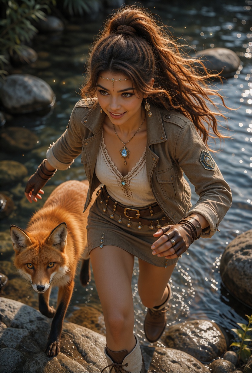 NalaX,  long warm brown hair styled in a high ponytail,  with thick cascading waves and loose strands framing her face. A...