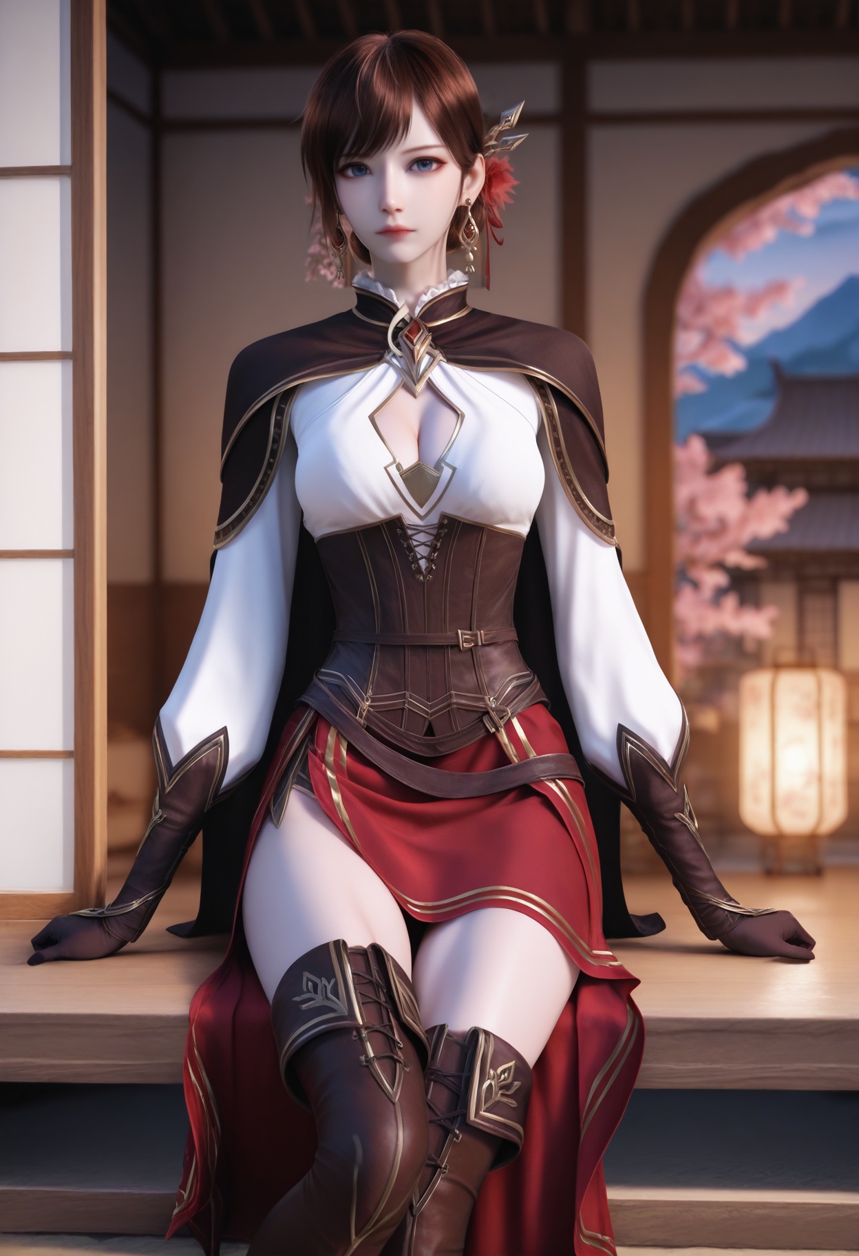 He_di,1girl,brown hair,earrings,hair ornament,jewelry,cleavage,blue eyes,blurry background,short hair,corset,cowboy shot,bangs,<lora:He_di_10_illu-000006:0.75>,cape,gloves,high heels,brown footwear,skirt,thigh boots,long sleeves,red skirt,side slit,clothing cutout,cleavage cutout,photorealistic,hyperrealistic,<lora:realistic filter [IL]:1>,(pale skin:0.7),looking at viewer,sitting,(very thin thighs,slim thighs,skinny,slender thighs:1.5),lantern,open window,looking at viewer,indoors,mountains,blossoms,flowers,east asian architecture,beautiful sunrise,warm ambient temperature,