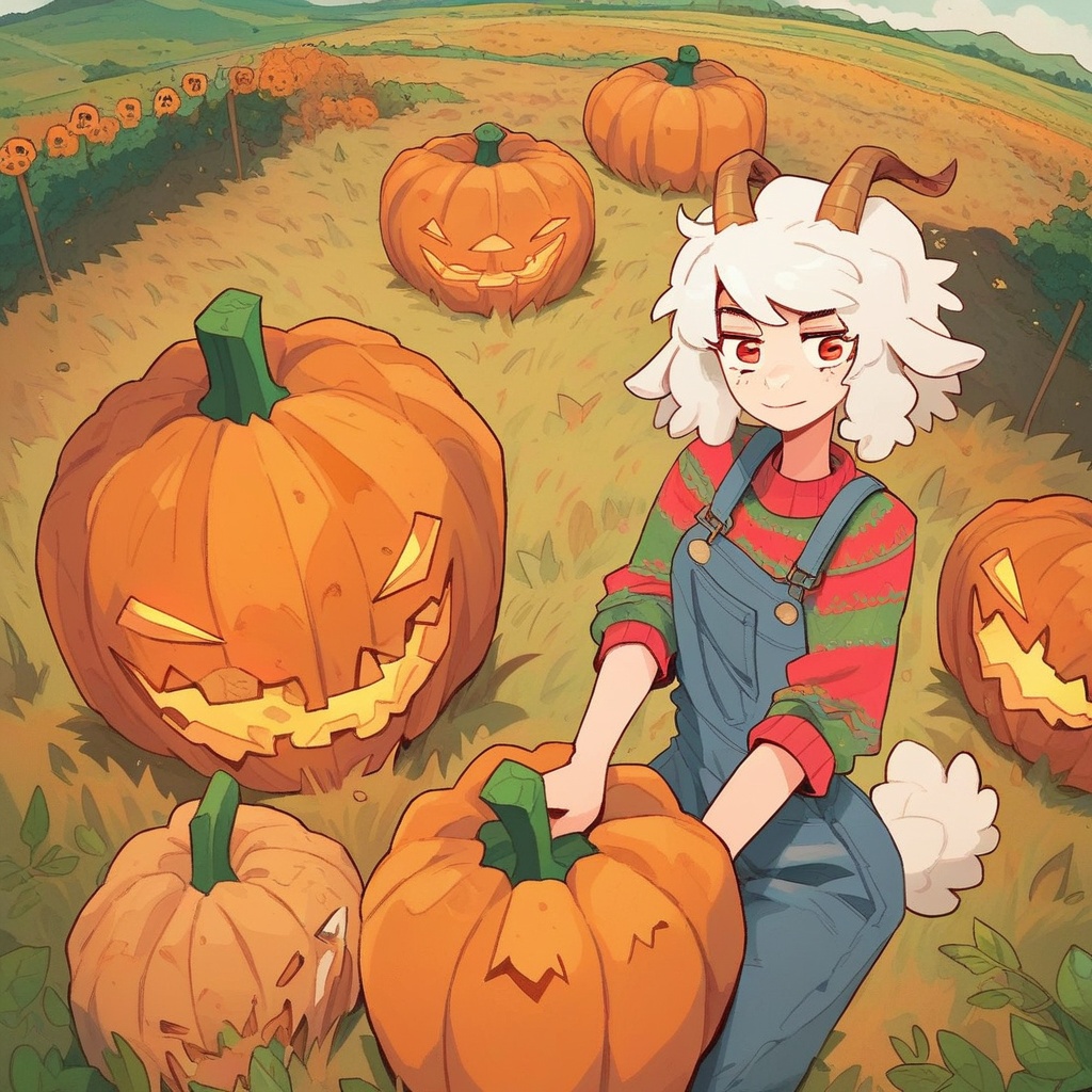 cute sheep woman,  overalls,  pumpkin field on Tensor.Art