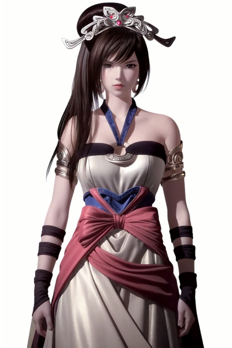 ((HRD, HUD, 8K)),((masterpiece, best quality)), highly detailed, soft light,1girl, solo, black hair, long hair, ponytail, hair ornament, tiara, black eyes, brown eyes, lips,jewelry, earrings, dress, bare shoulders, armlet, simple background, white background, cowboy shot, standing, looking at viewer,  <lora:20240430-1714439888539:0.71>