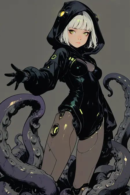 embedding:Stable_Yogis_PDXL_Positives, embedding:Stable_Yogis_PDXL_Positives2, embedding:lazypos, embedding:cr1sp,  kraken,, 1girl, breasts, closed mouth, green eyes, grey background, hood, medium breasts, robot joints, short hair, small breasts, suction cups, tentacles, yellow eyes, masterpiece, best quality, very aesthetic, bold outlines, strong shadows, high contrast, crisp lines, detailed, intricate, ultra detailed, vibrant, smooth gradients, subtle shadows, professional, high-resolution, perfect lighting, solo, depth, complex lighting, ultra detailed,