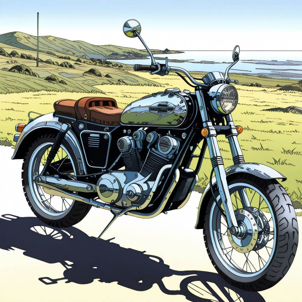 motorcycle,  grassy hill,  seaside on Tensor.Art