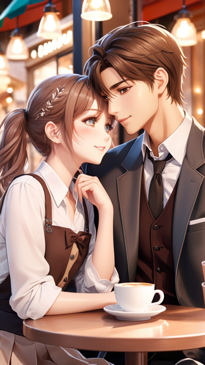 Generate a 32k UHD professional anime illustration,  showcasing a boy and girl on a cafe date,  extremely delicate detail....