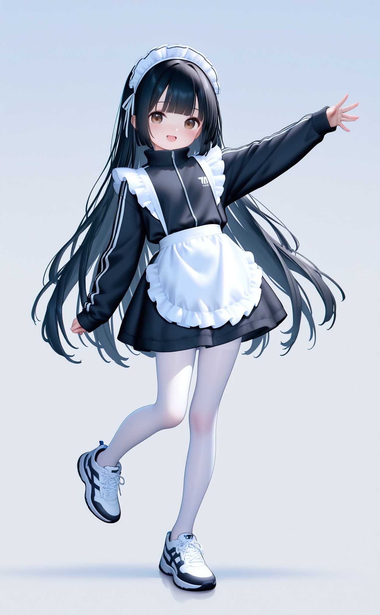 masterpiece,very aware,highres,absurdres,newest,best quality,high quality,loli,chromatic_aberration,Light Blue Theme,//,white_pantyhose,1girl, unconventional maid, solo, apron, long hair, pantyhose, jacket, full body, maid headdress, maid, white apron, white pantyhose, brown eyes, black hair, shoes, simple background, white background, frilled apron, white footwear, open mouth, long sleeves, maid apron, sneakers, looking at viewer, standing, standing on one leg, smile, track jacket, waist apron, blush, black jacket, breasts, frills, outstretched arm, blunt bangs, very long hair, alternate costume, sleeves past wrists//,year_2023,year_2024,buzhidao228 style,//,<lora:buzhidao228——【noob】hans:0.4>,