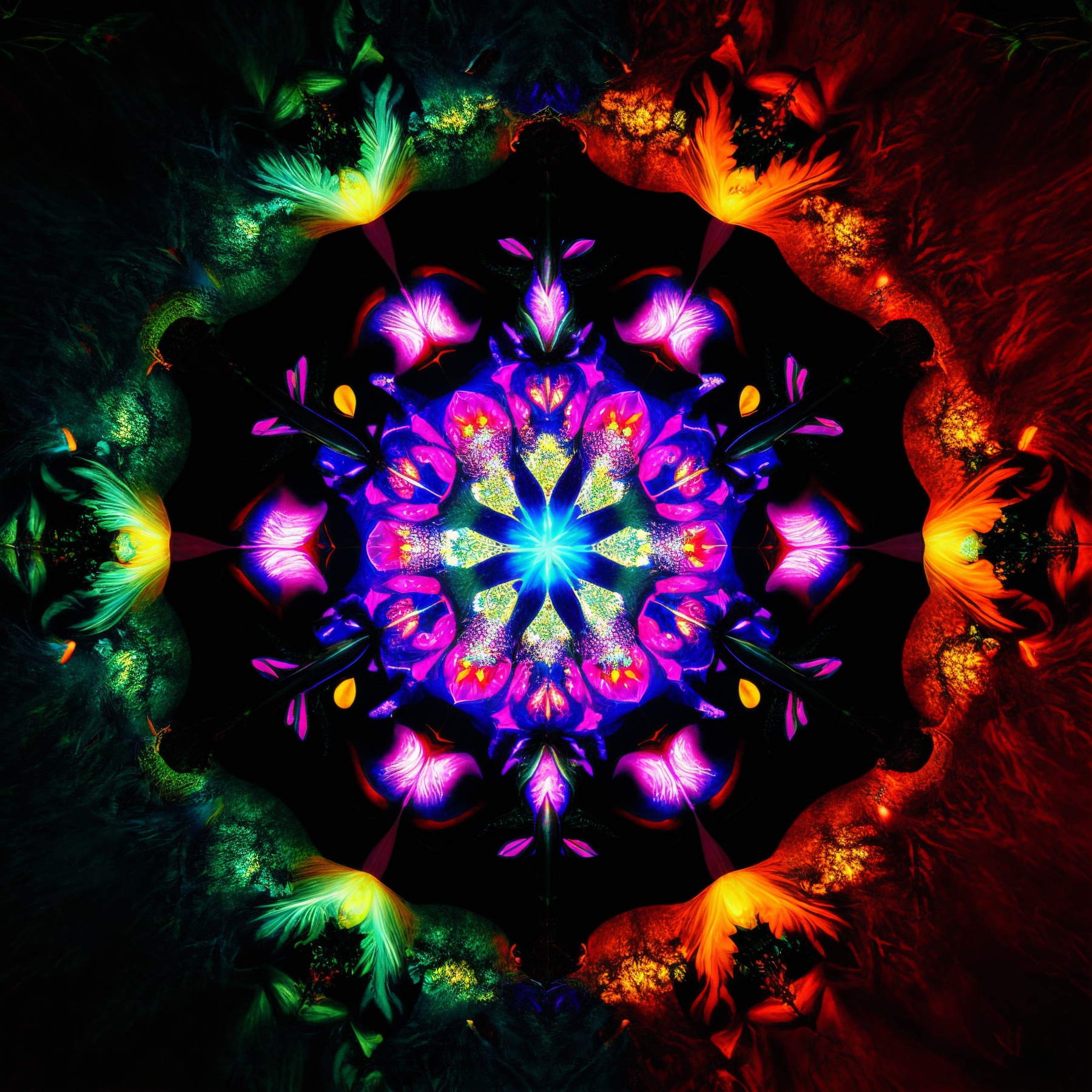 luminescent wings, surrounded by glowing, magical creatures in an enchanted forest Kodak Portra 400 camera f1.6 lens, rich colors, lifelike texture, dramatic lighting, unreal engine, trending on ArtStation, cinestill 800 tungsten, fruits theme, kaleidoscope style <lora:kaleidoscope:0.3>