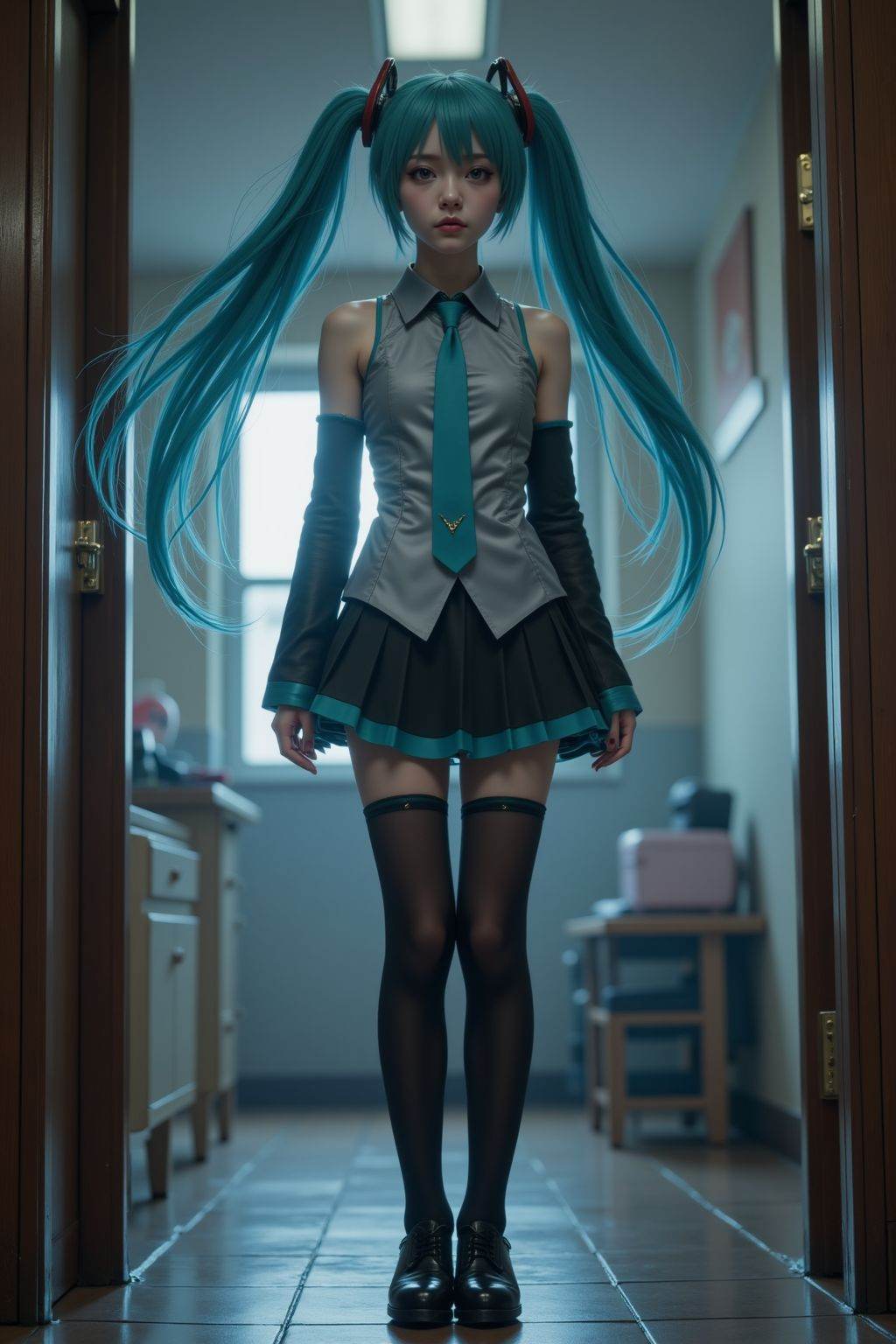 HDR photo of cinematic film still,young girl,hatsune miku,full body,dress,indoors,