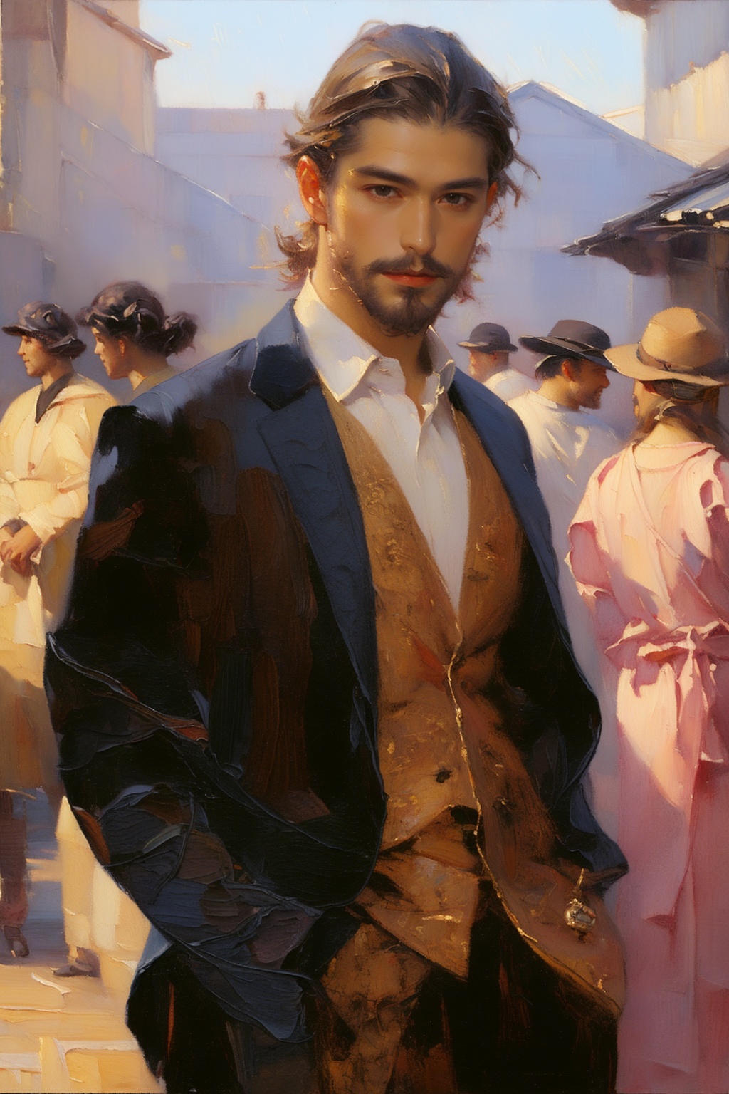 ART,(oil painting:1.4),full body,solo,1man,upper body,<lora:痞帅大叔:0.7>,suit,mature,attractive,<lora:厚涂油画:1>,