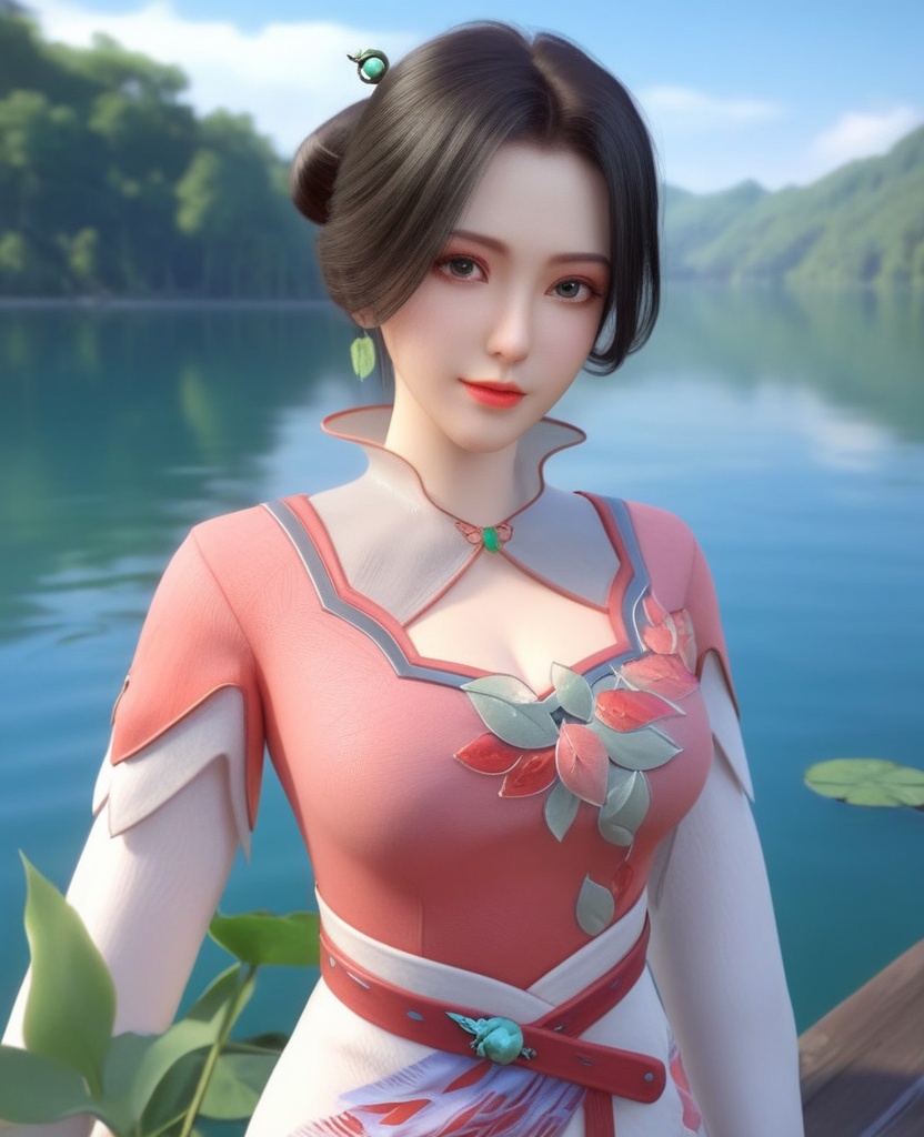 <lora:703-DA-XL-少年歌行-墨花雪:0.8>(,1girl, ,best quality, ),looking at viewer,  ,ultra detailed 8k cg, ultra detailed background,  ,masterpiece, (( , )) , lake,upper body,   (cleavage), (),