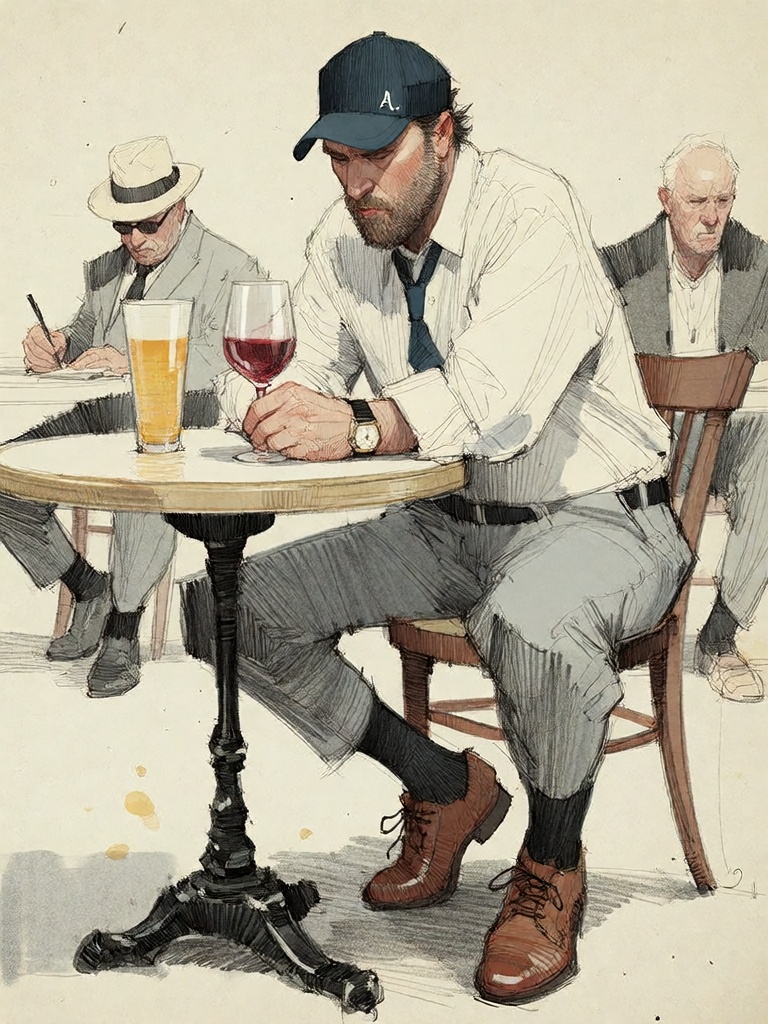 Bradhamel art style.A detailed sketch-style illustration of a bearded man in a dark baseball cap and light-colored button-...
