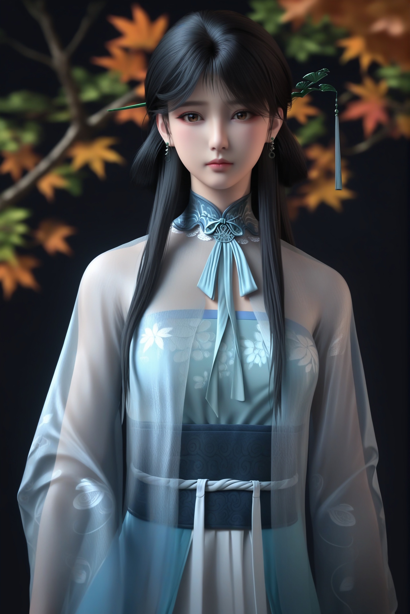 (score_9),collarbone,(narrow waist),(glamor:1.2),slender,<lora:钟秀pony-v2:0.85>,1girl,solo,zhongxiu,long hair,black hair,hairpin,tassel,dangling earrings,brown eyes,black_pupils,light blush,sheer overlay,mandarin collar,neck ribbon,light blue dress,wide sleeves,sash,green hairpin,ginkgo leaf design,lace trim,floral embroidery,silk,translucent fabric,embroidered pattern,layered,looking at viewer,(front view),cowboy shot,BREAKrealistic,simple background,black background,twig,branch,autumn leaves,depth of field,