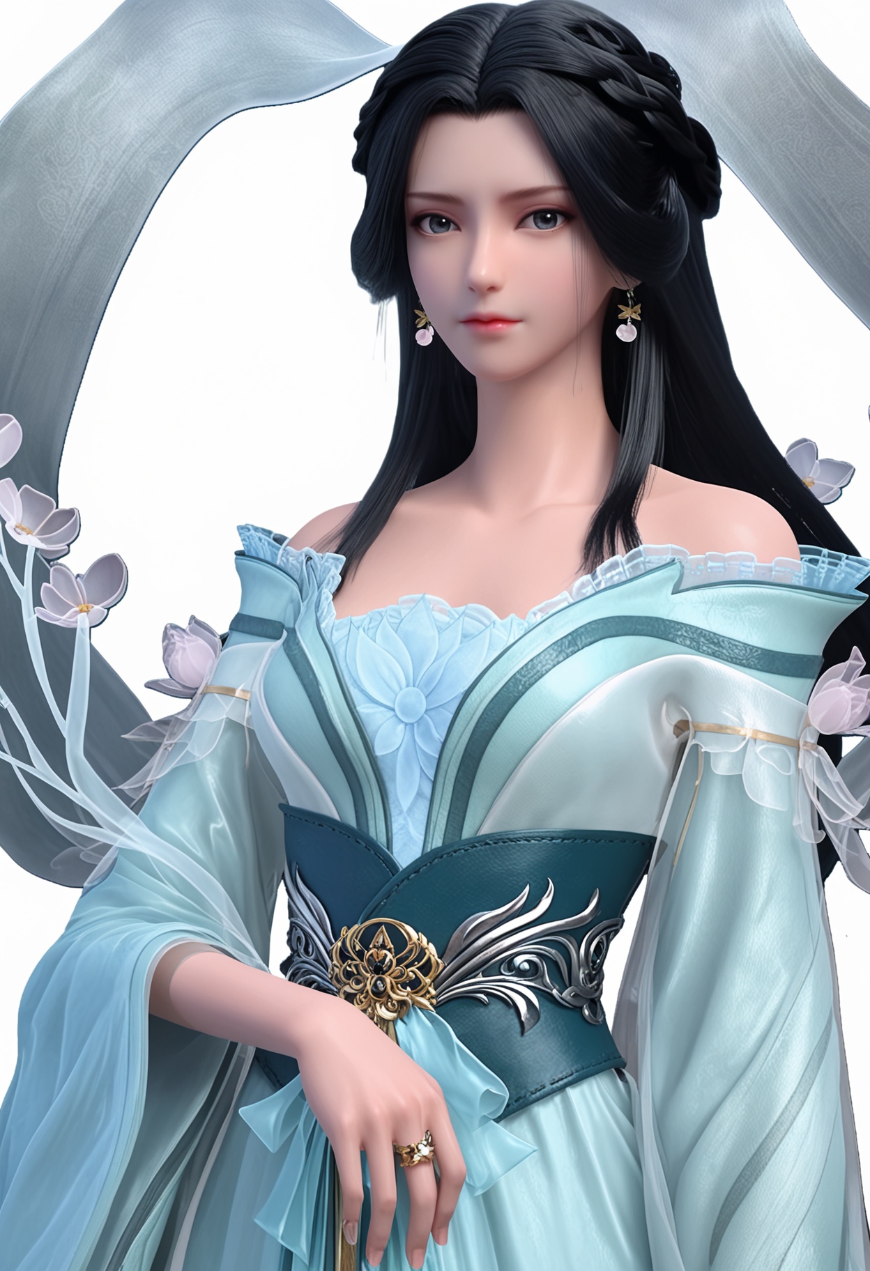 score_9,high detail,best quality,shiny skin,shiny,1girl,solo,black hair,long hair,jewelry,earrings,dress,white background,closed mouth,bare shoulders,simple background,realistic,hagoromo,braid,shawl,sash,flower,blue dress,long sleeves,looking at viewer,upper body,<lora:QQSponyjiangliV1:0.8>,