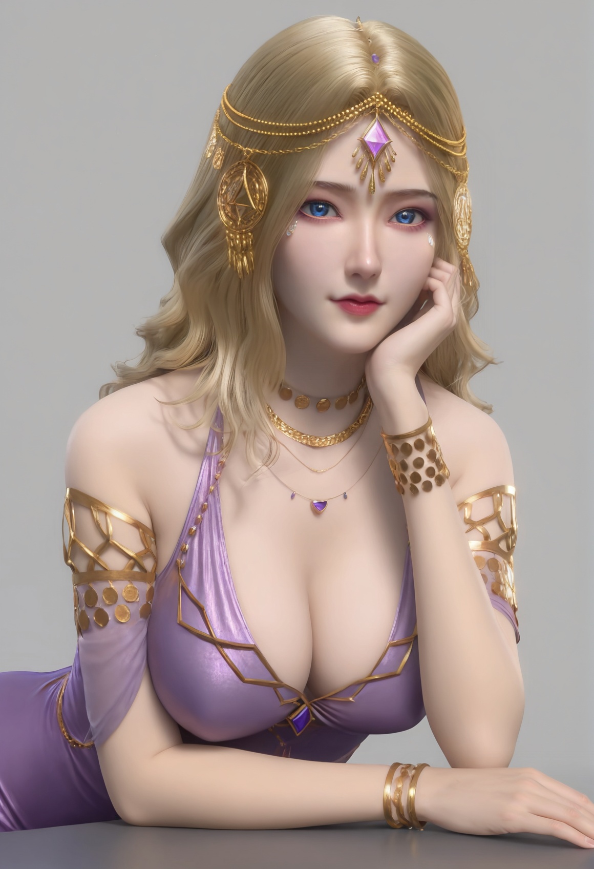 (score_9),<lora:卡丹1-Apony:0.83>,kardan,(mature_female),solo,blonde hair,long hair,hair ornament,jewelry,necklace,forehead jewel,head chain,gem,armlet,bracelet,purple dress,<lora:perfect eyes_v1:1>,blue eyes,looking at viewer,front view,light blush,bright pupils,<lora:Expressive_H-000001:0.8>,(head_rest:1.1),collarbone,pointy breasts,puffy breasts,large breasts,narrow waist,thighs,side slit dress,simple background,grey background,<lora:皮肤凹痕:1.2>,