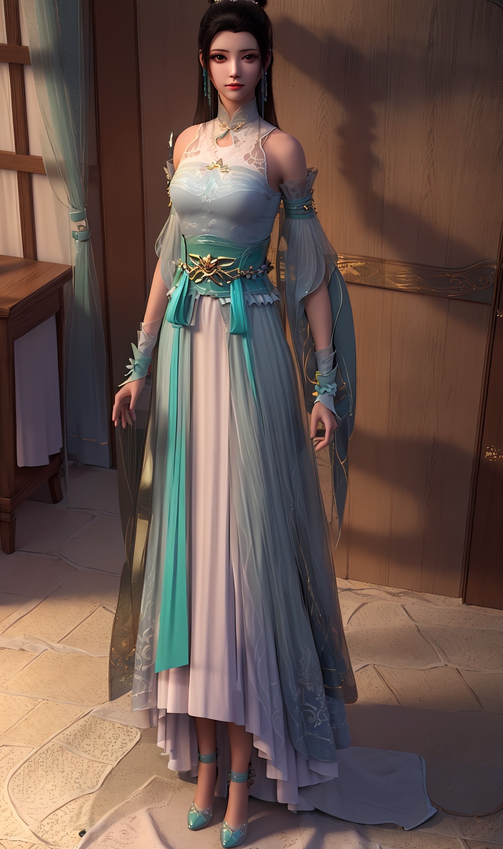 3D,masterpiece,(best quality),(makeup),official art, extremely detailed cg 8k wallpaper,((crystalstexture skin)), (extremely delicate and beautiful),(highly detailed),(face),(collar),(closed_mouth),(hair_bun),(1girl), (solo), (jewelry), (earrings),(black_hair),(long_hair),(hair_ornament),(handwear),(breasts),(standing),(bare_shoulders),(detached_sleeves),(full_body,whole_body),(long_dress),(long_skirt),(shiny_clothes),(city,indoor),,(chinese_clothes),(multicolored_clothes),(multicolored_dress),(sash),,((looking_at_viewer)),((Facing the camera)),(shoes),, <lora:hipoly3DModelLora_v10:0.3>