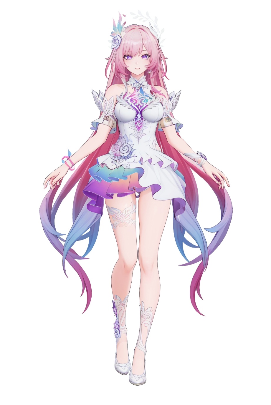 8k,best quality,masterpiece,(ultra-detailed),(high detailed skin),(by nanoless, by misumi \(macaroni\),:0.5),A full-body portrait of a young girl,standing gracefully,pastel art style,high-key lighting,shoujo manga influence,hd quality,delicate details,full body,full shot,standing,looking at viewer,(solo:1.2),simple background,(white background:1.2),<lora:Cyrene-v2-sd-Tanger:0.8>,Cyrene \(honkai: star rail\), Cyrene \(*****\), Cyrenebig, clothes: Cyrenebig white-and-purple dress, Cyrenebig hair ornament, 1girl, pink hair, long hair, bangs, purple eyes, breasts, white footwear, bare shoulders, Cyrenebig bridal garter