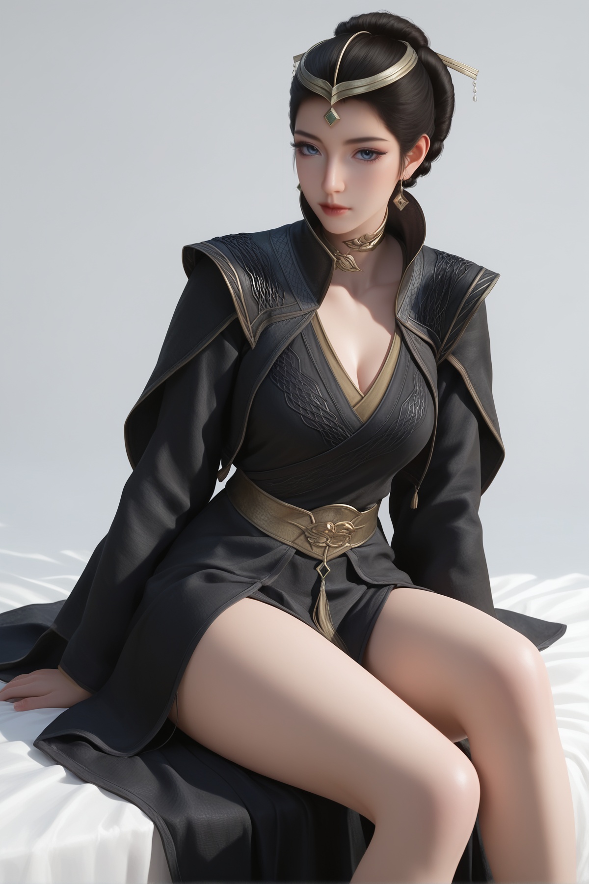 masterpiece,best quality,realistic,cinematic,detail eyes,(ultra-detailed),perfect composition,intricate details,absurdres,detailed face,high quality,high res,8K,<lora:X_wenfuren_IL3.0:0.8>,black hair,blue eyes,hair bun,single hair bun,1girl,breast,medium breast,hair_ornament,dress,black dress,bare_legs,sitting,simple background,white_background,bed,looking_at_viewer,