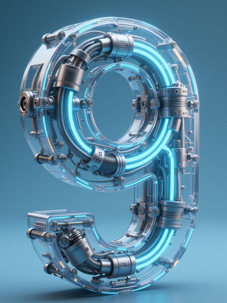 beijihui,3D structure of the number "9",the internal structure of the stroke is a power engine structure,composed of glowing neon cables,bolts,hydraulic devices,complex mechanical details,the shell is **** of transparent glass,sci-fi hard surface design,future technology sense,future mechanical style,industrial mechanical aesthetics,high-definition realistic rendering,solid color background,photographic lighting,Octane rendering,front view,