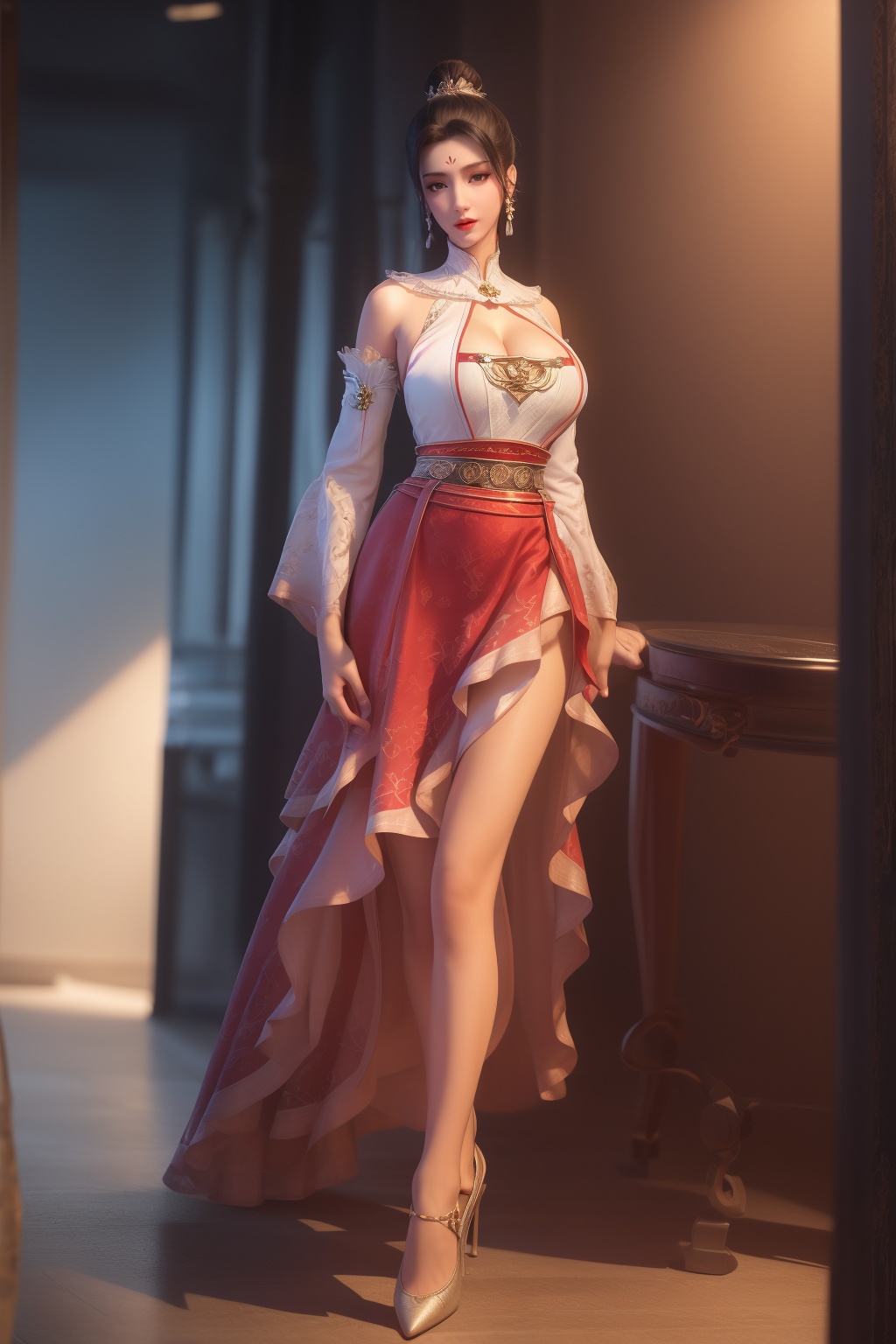 ultra realistic 8k cg, flawless, clean, masterpiece, professional artwork, famous artwork,cinematic lighting, cinematic bloom, perfect face, beautiful face,shenfengBaiHeHuai,1girl, solo,dress,standing,portiart,cleavage cutout,clothing cutout,detached sleeves,forehead mark,facial mark,skirt,torogao,red lips, breasts,large breasts,cleavage,jewelry,earrings,hair ornament,single hair bun,long hair,realistic, looking at viewer,high heels,<lora:shenfengBaiHeHuai_20240101204447-000002:0.7>,