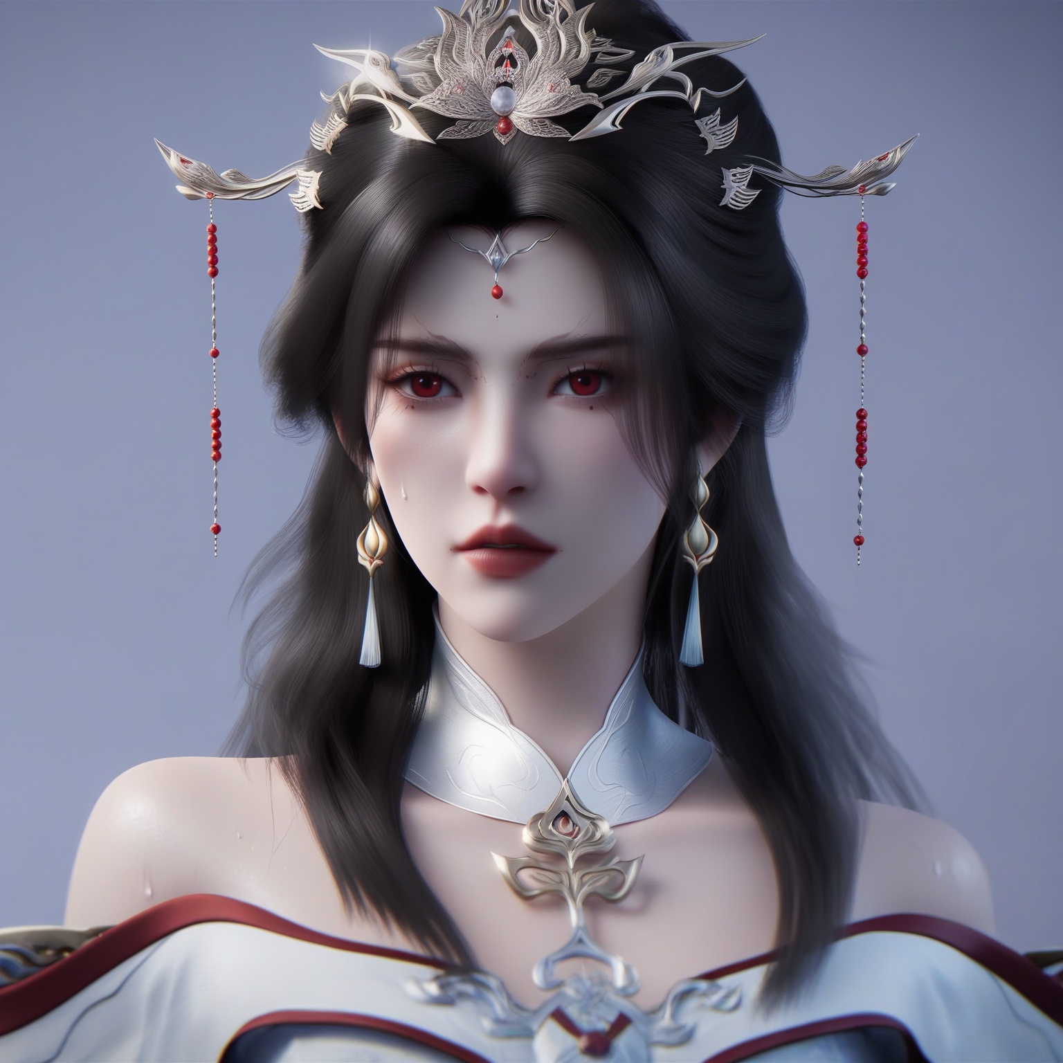(score_9),collarbone,<lora:姚惜雪-Apony-000009:0.85>,long hair,black hair,hair ornament,hair beads,jewelry,forehead jewel,tassel earrings,light makeup,tiara,red eyes,detached collar,golden necklace,off-shoulder dress,BREAKsolo focus,front view,upper body,<lora:e肤色滑块:0.8>,(white_skin),(sweaty skin),(Ivory_skin),light_skin,very sweaty,BREAKsimple background,white background,
