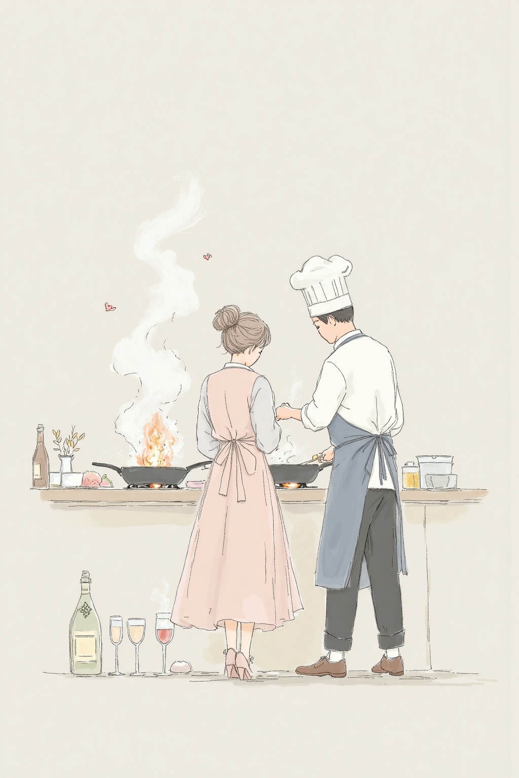 beijihui,An illustrated image of a woman and a man cooking together. The woman is wearing a light pink dress with a white apron tied around her waist. The man is wearing black pants and a white chef's hat. He is also wearing a white long sleeve shirt and a blue apron. He has a white hat on his head. There is a frying pan in front of the woman. The frying pan is on fire. A fire is coming out of the frying pan and there is smoke coming from it. To the left of the women there are two wine glasses and a bottle of wine.