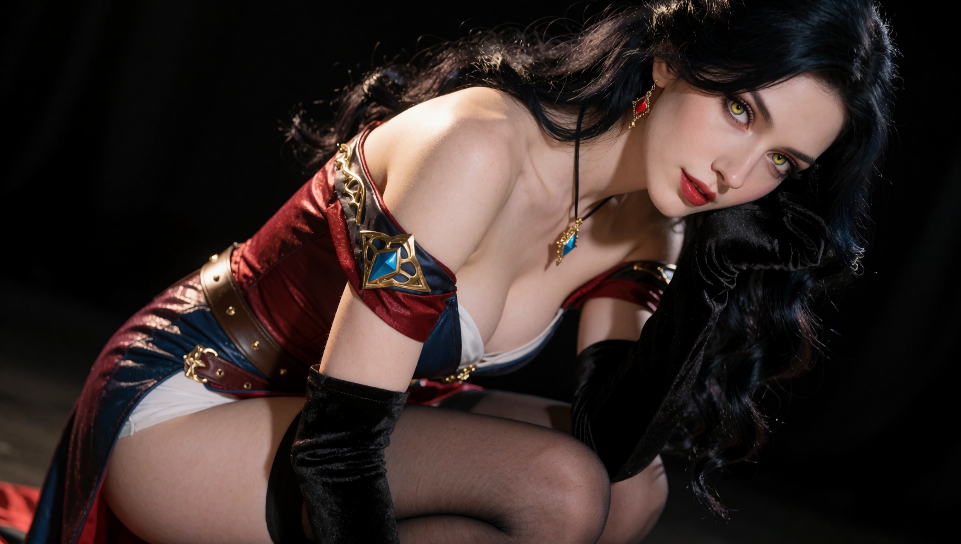 A captivating close-up portrait of the enchanting sorceress Yennefer,  showcasing her alluring aesthetic. She wears a tigh...