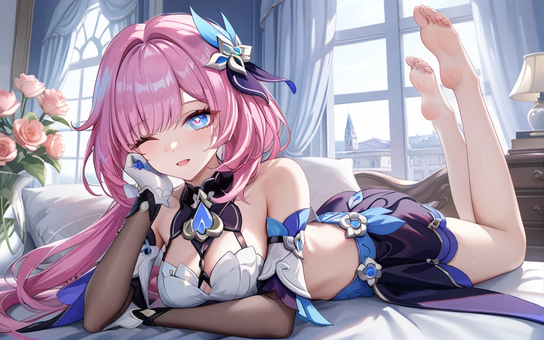 0,jw,Torino,Noyu,1girl, pink hair, blue eyes, one eye closed, barefoot, long hair, on stomach, lying, solo, indoors, toes, looking at viewer, feet, flower, elysia (honkai impact), open mouth, window, soles, nail polish, gloves, hair ornament, bare shoulders, multicolored hair, bangs, symbol-shaped pupils, breasts, curtains, feet up, the pose,(UHD),anatomically correct,ccurate,textured skin,super detail,high details,award winning,best quality,high quality,retina,16k,HD,1080P,8k,