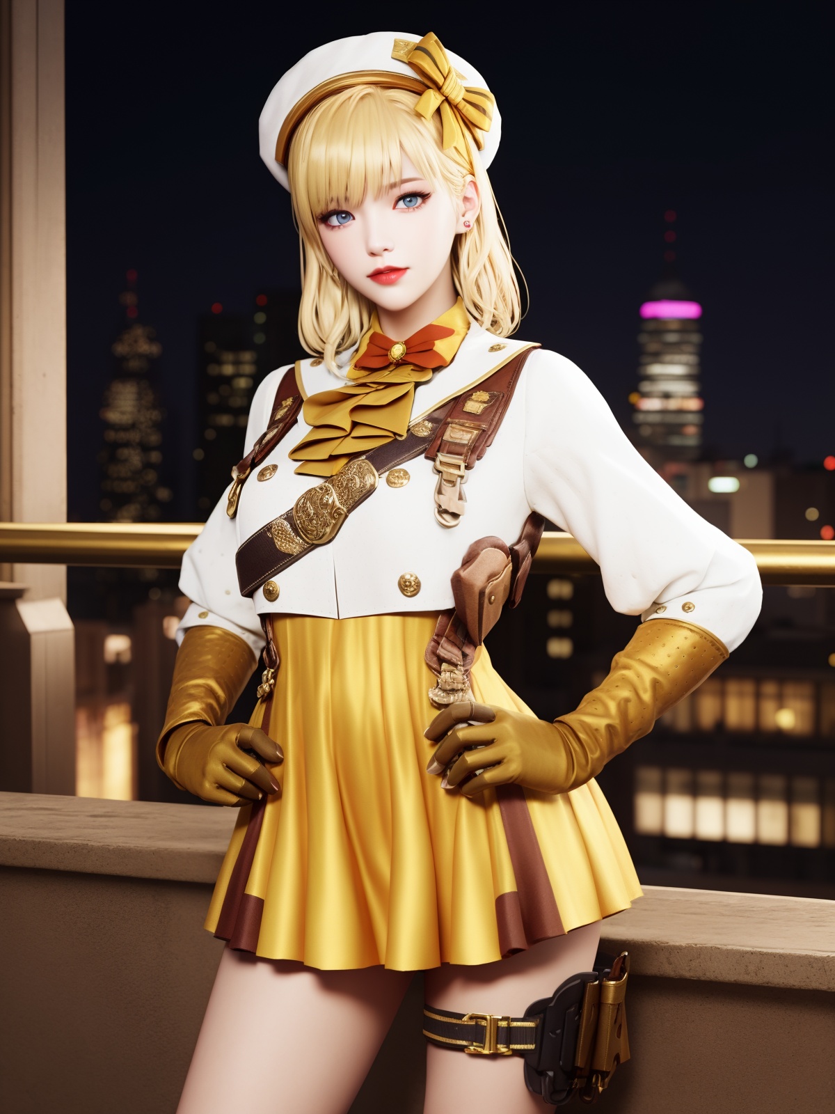 CFwangzheyunyouyouQF, 1girl, solo, blonde hair, dress, gloves, hat,holster,blue eyes, looking at viewer, beret, lips, lace-up boots, short hair,  <lora:CFwangzheyunyouyouQF:0.75>,cityscape, night, yellow skirt, white shirt,
