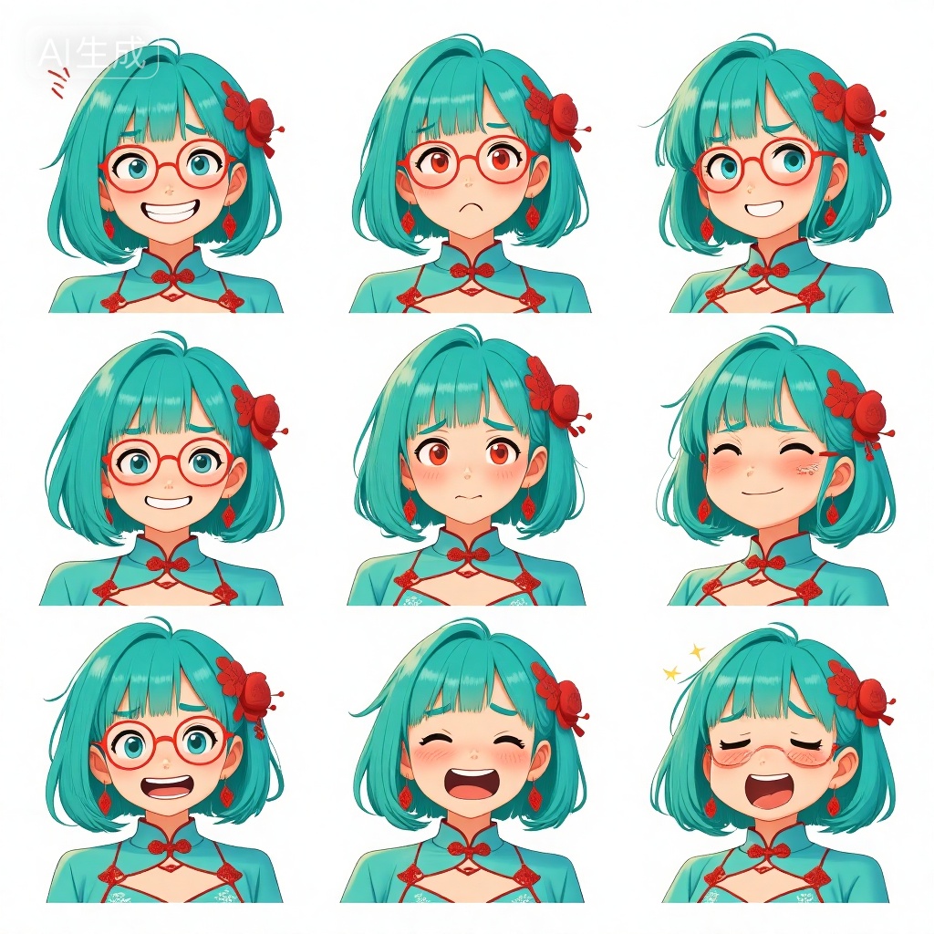Create a 9-grid emoji pack featuring the girl with aqua blue bob hair,  red-framed glasses,  red floral hair accessories o...