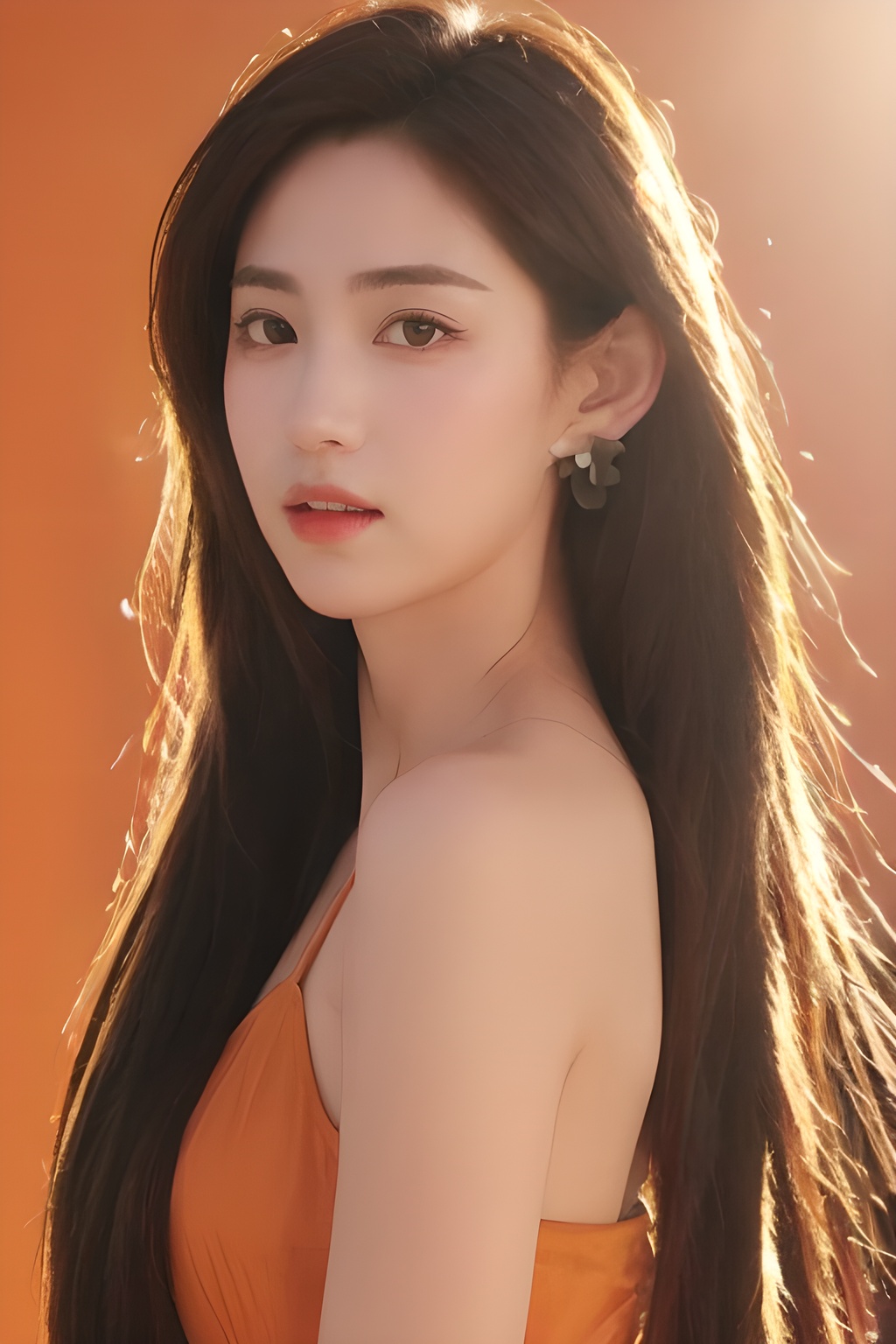 <lora:0828_04:0.4>,orange background, orange dress, 1girl,realistic,masterpiece, best quality, photorealistic, HDR,detail