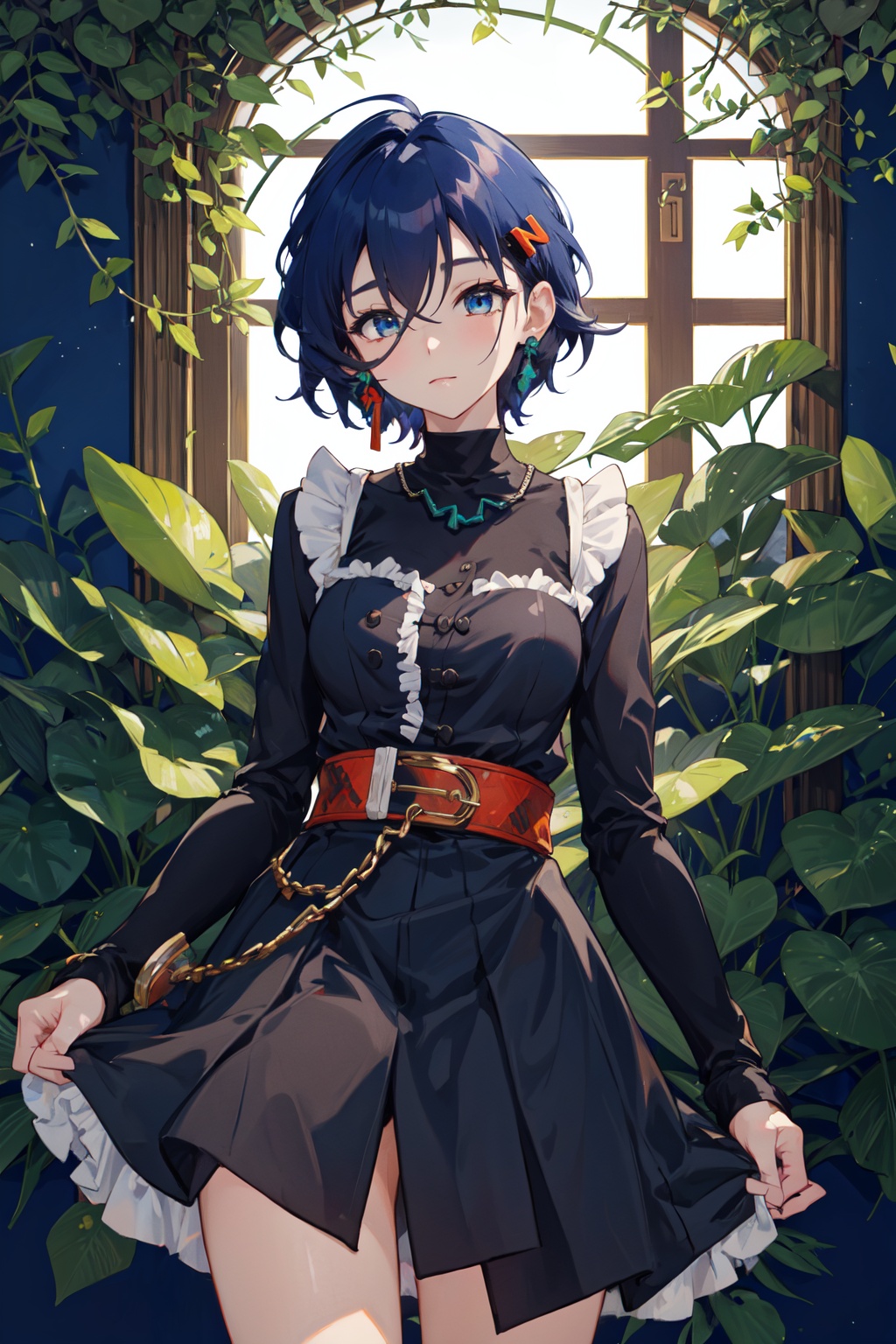 <lora:Belle-000018:0.8>,Belle CYQL,1girl,looking at viewer,solo,blue hair,short hair,hair between eyes,blue eyes,jewelry,hair ornament,hairclip,earrings,Whimsical and playful tiered ruffle dress with a square neckline and flutter sleeves,tearing_up,cowboy_shot,Amidst the dense foliage, towering ancient trees block out the sun while vines intertwine, and brightly hued birds dart about. The occasional monkey's call echoes,beautiful detailed sky,beautiful detailed glow,posing in front of a colorful and dynamic background,masterpiece,best quality,beautiful and aesthetic,contrapposto,female focus,wallpaper,