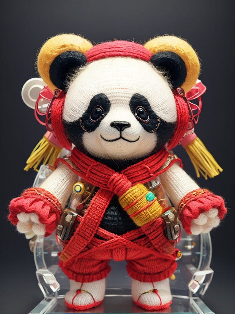 arttoy,Knitted doll, a panda woven with needle and thread, cute, realistic style, solid color background, display cabinet,<lora:arttoy-000006:0.8>