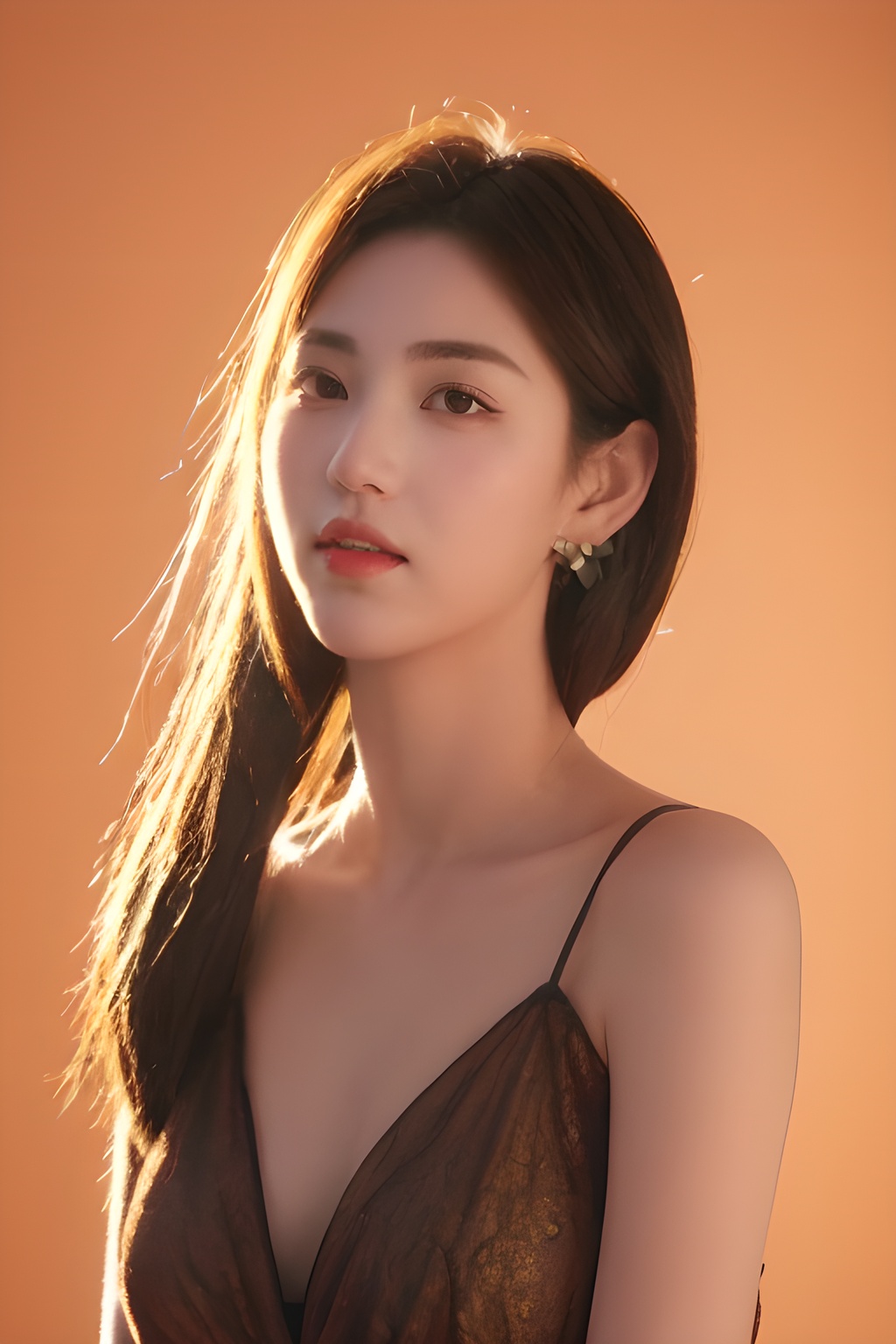 <lora:0828_04:0.4>,orange background, orange dress, 1girl,realistic,masterpiece, best quality, photorealistic, HDR,detail