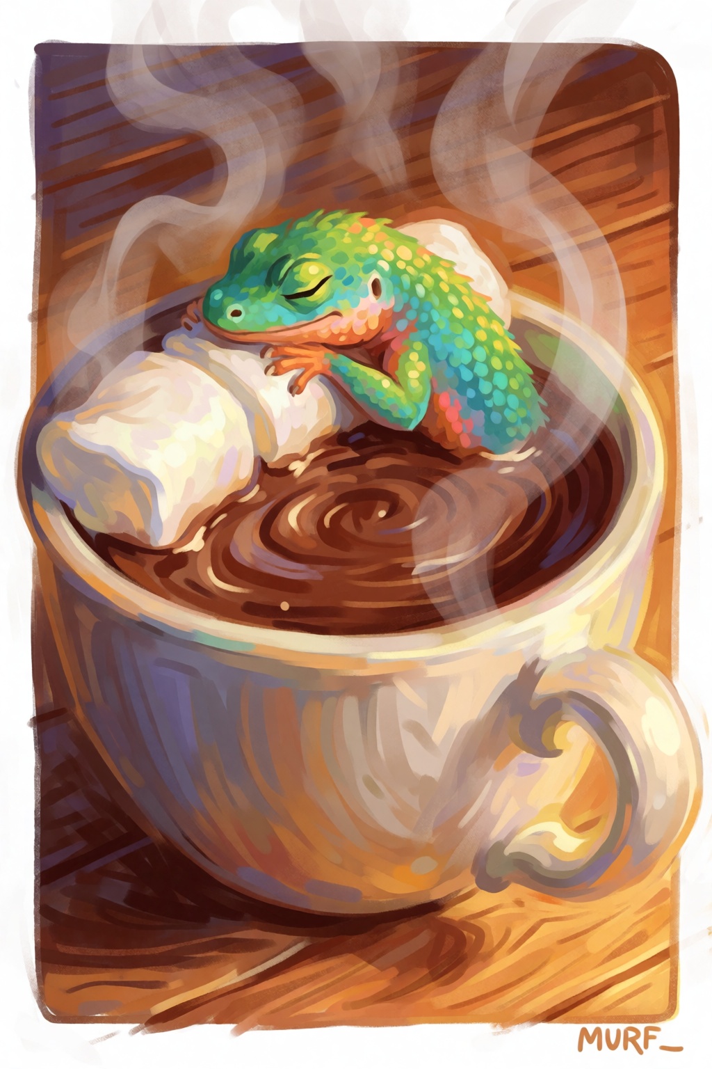 @himmis,  A digital painting of a small colorful lizard sleeping on its side in a rich mug of hot chocolate as if it were...