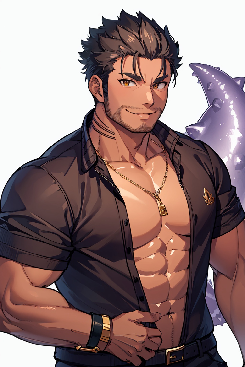 masterpiece,best quality, highly detailed, dagon (housamo),bara,1boy,muscular male,solo,mature male,stubble,large pectorals,long sideburns,fish boy,looking at viewer,upper body,beard,dark-skinned male,abs,smile<lora:dagon_(housamo):1>,simple background,white background