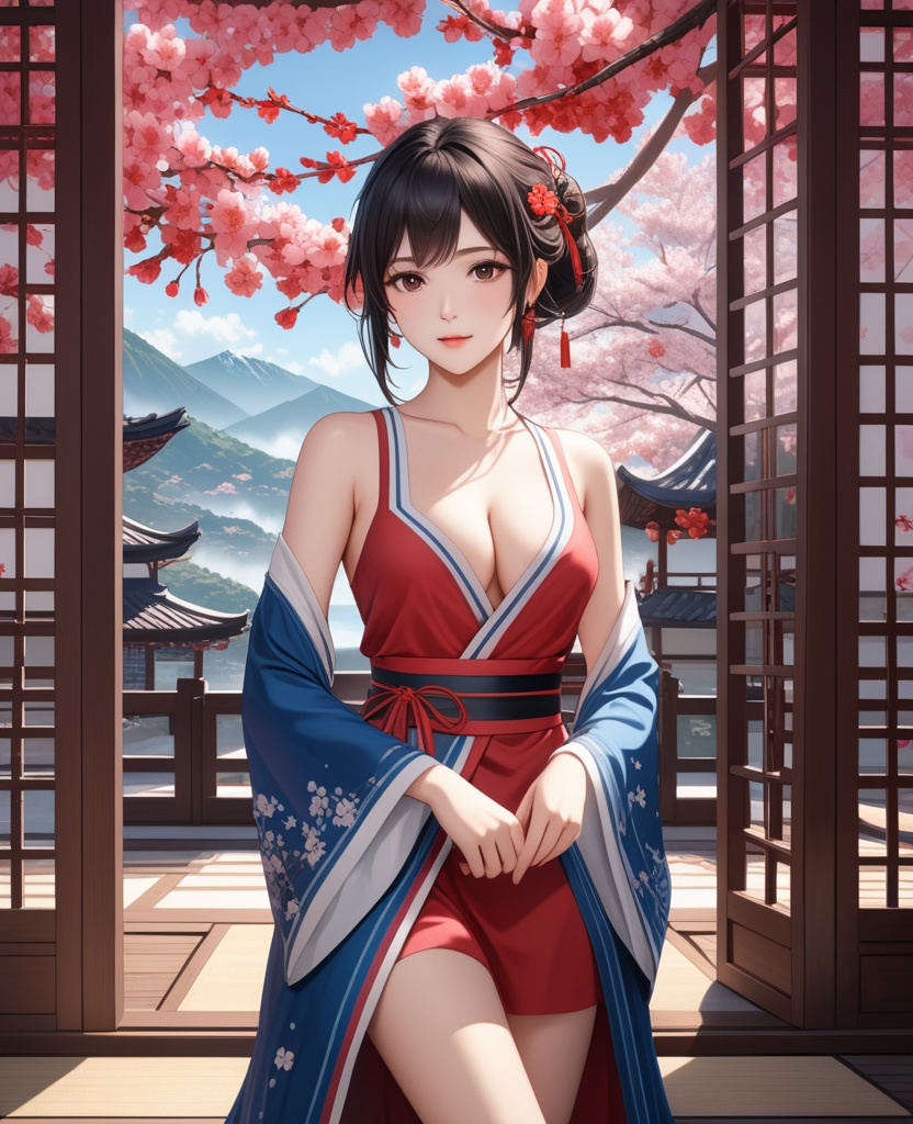 (,1girl, ,best quality, ),looking at viewer,  ,ultra detailed background,ultra detailed background,ultra realistic 8k cg,, ,masterpiece, (( , )),, ,   plum blossoms,    ,,  (cleavage), (), ,,