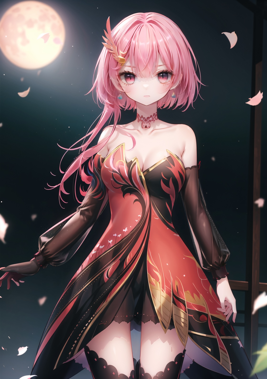 (masterpiece),best quality,highres,stunning art,beautifully painted,colorful,soft lighting,(rim light:1.2),fantasy,,outdoors,at night,red moon,old castle,against window,(portrait),(upper_body),standing,dancing,solo,1girl,,chiyu,(hair ornament),long hair,pink hair,oil brighten hair,(finely detailed eyes and detailed face),deep red eyes,expressionless,medium breasts,long waist,skirt,official clothes,off shoulder,sleeves gloves,thighhighs,red shoes,, <lora:ChiyuV1A1-000028:0.88>