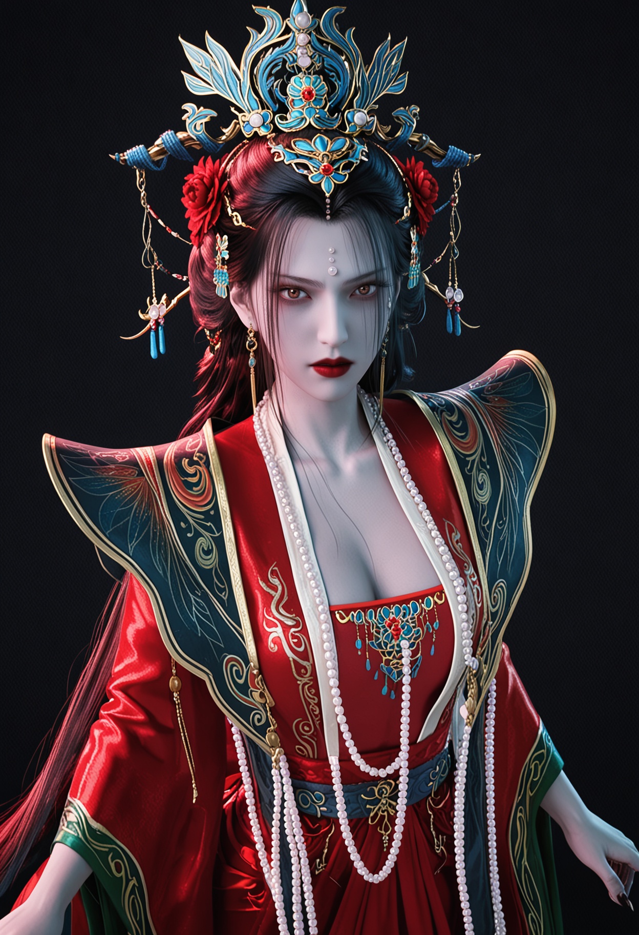 score_9,looking_at_viewer,large breasts,chufuren,1girl,solo,hair ornament,jewelry,black hair,long hair,beads,earrings,forehead mark,necklace,red lips,chinese clothes,facial mark,hair flower,dress,bead necklace,red dress,makeup,brown eyes,realistic,lipstick,shoes,(simple background,pure black background,black background:1.1),perfect_anatomy,<lora:QQSponychufurenV1:0.8>,