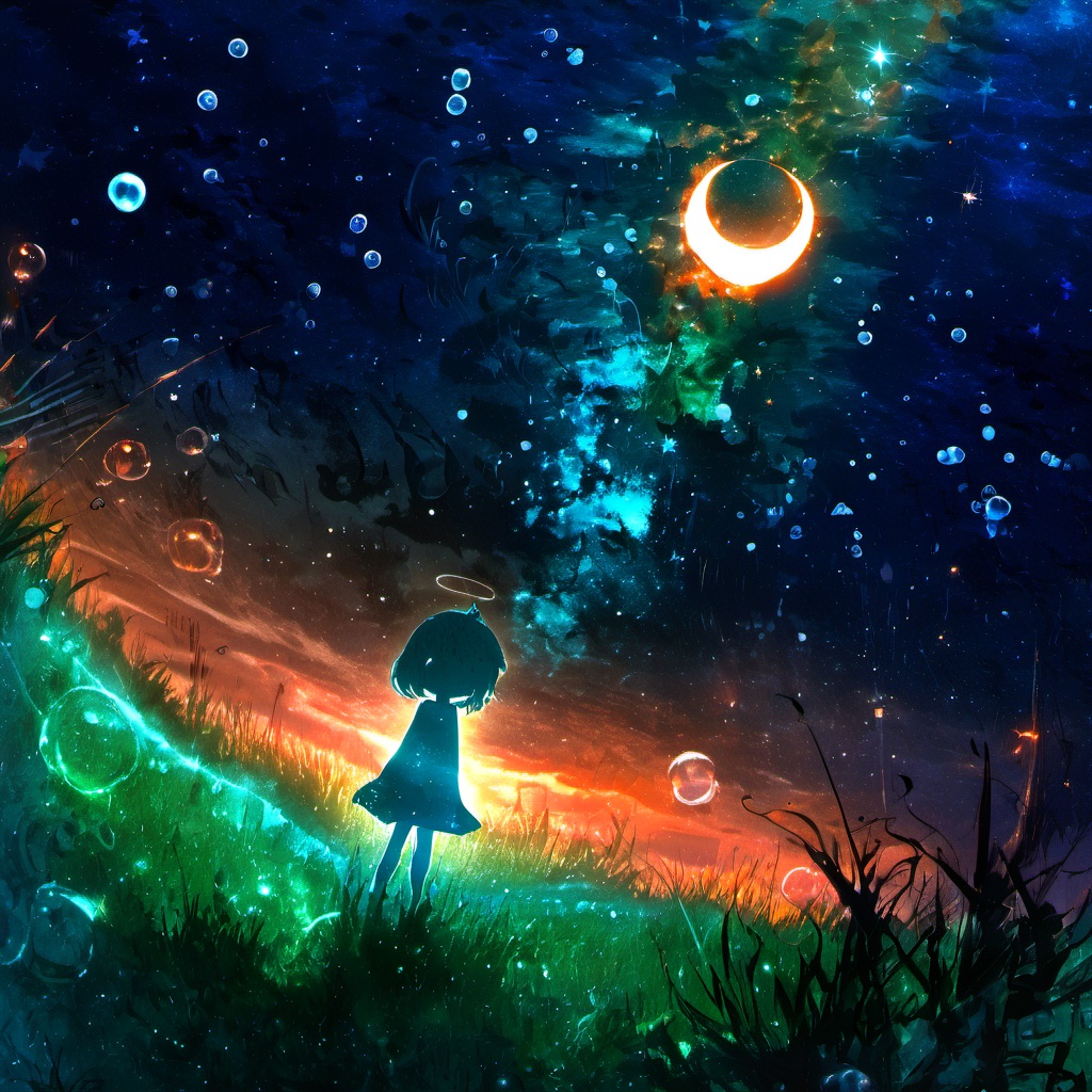 <lora:star_xl_v3:1>,silhouette painting, ethereal ambiance, 1girl, solo, short hair, blue and orange theme, dress, outdoors, sky, cloud, water, night, glowing, halo, moon, star \(sky\), night sky, scenery, starry sky, city, fantasy, horizon, cityscape, surreal, black hair, standing, building, fish, a thick beam of light shot from the grass into the sky, a radiant blue moon in the sky surrounded by a myriad of stars and nebulae and other cosmic elements, there's a vast expanse of space filled with stars and a few celestial bodies, a mix of rocky terrain and magma, a silhouette of a child with a glowing green aura and glowing legs standing on the ground and  surrounded by bubbles which floating in the air, soft ethereal light