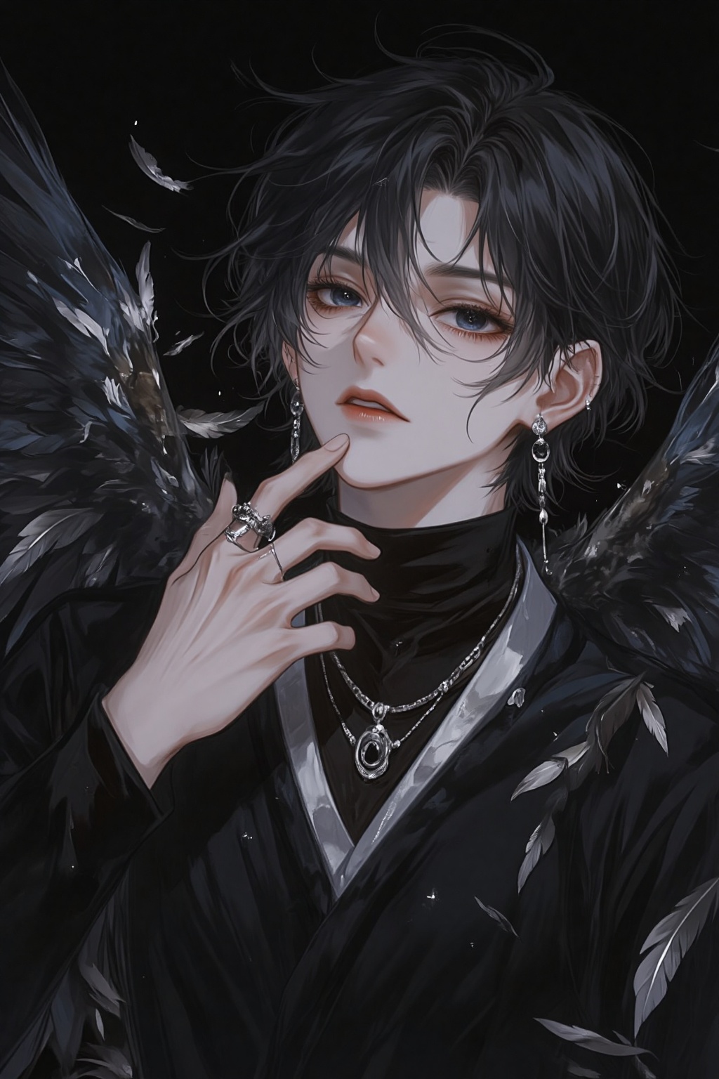 ZOZ_WEIMEIW,sfw,1boy,male focus,solo,wings,dark,feathers,dark hair,black background,jewelry,closed eyes,short hair,original,earrings,lying,looking at viewer,lying on side,hand to own mouth,black eyes,feathers on wings,upper body,feathered wings,from above,male focus,long sleeves,lying on back,sparkle,upper teeth,parted lips,teeth,photoshop (medium),