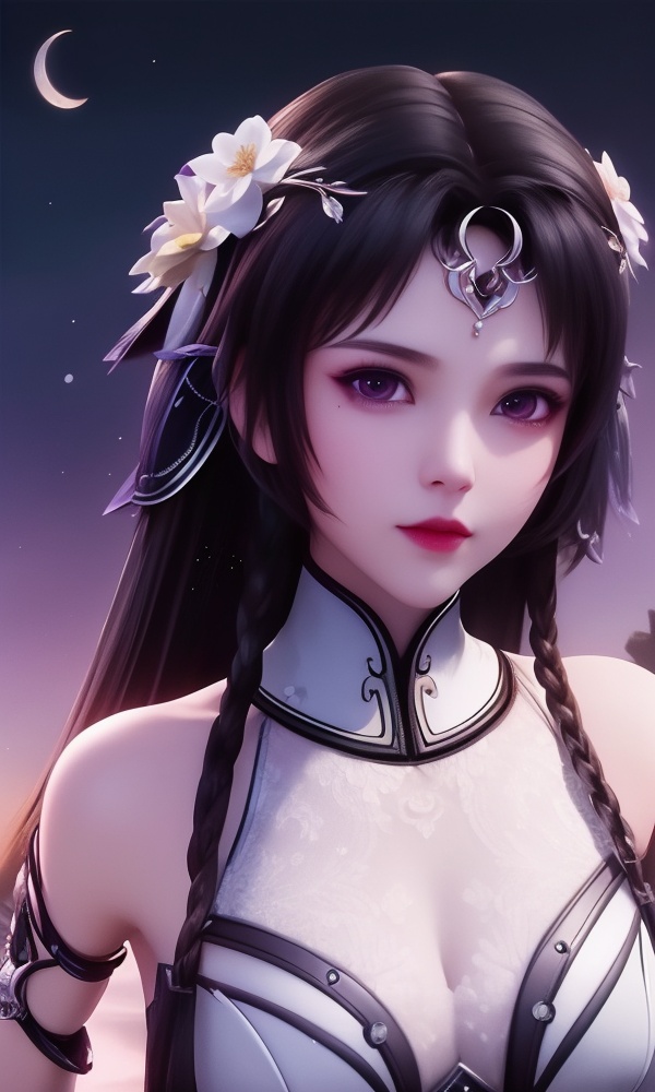 (,1girl, ,best quality, ),looking at viewer, <lora:406-DA-太一剑仙传-钟灵秀:0.8> ,, ,masterpiece,(( , )),, realistic,science fiction,mole,,ultra realistic 8k cg,     ,cherry blossoms,,night, night sky, crescent moon, moonlight,,(facing viewer, looking at viewer, , ),  (()), (),