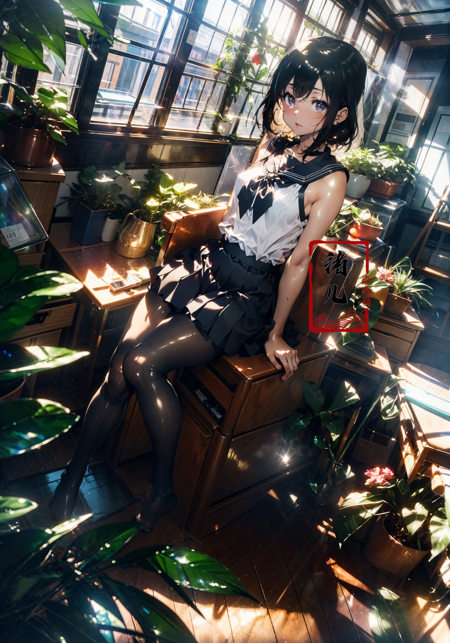 Epic CG masterpiece, an anime girl in a room with plants, no shoes, Black transparent pantyhose, pleated skirt, Sailor suit, sailor collar, in the style of photorealistic urban scenes, applecore, sandalpunk, high-angle, vacation dadcore, solarizing master1girl,  Milky skin, (shiny skin:1.4)，silk stockings，<lora:绪儿-阳光少女window:0.8>